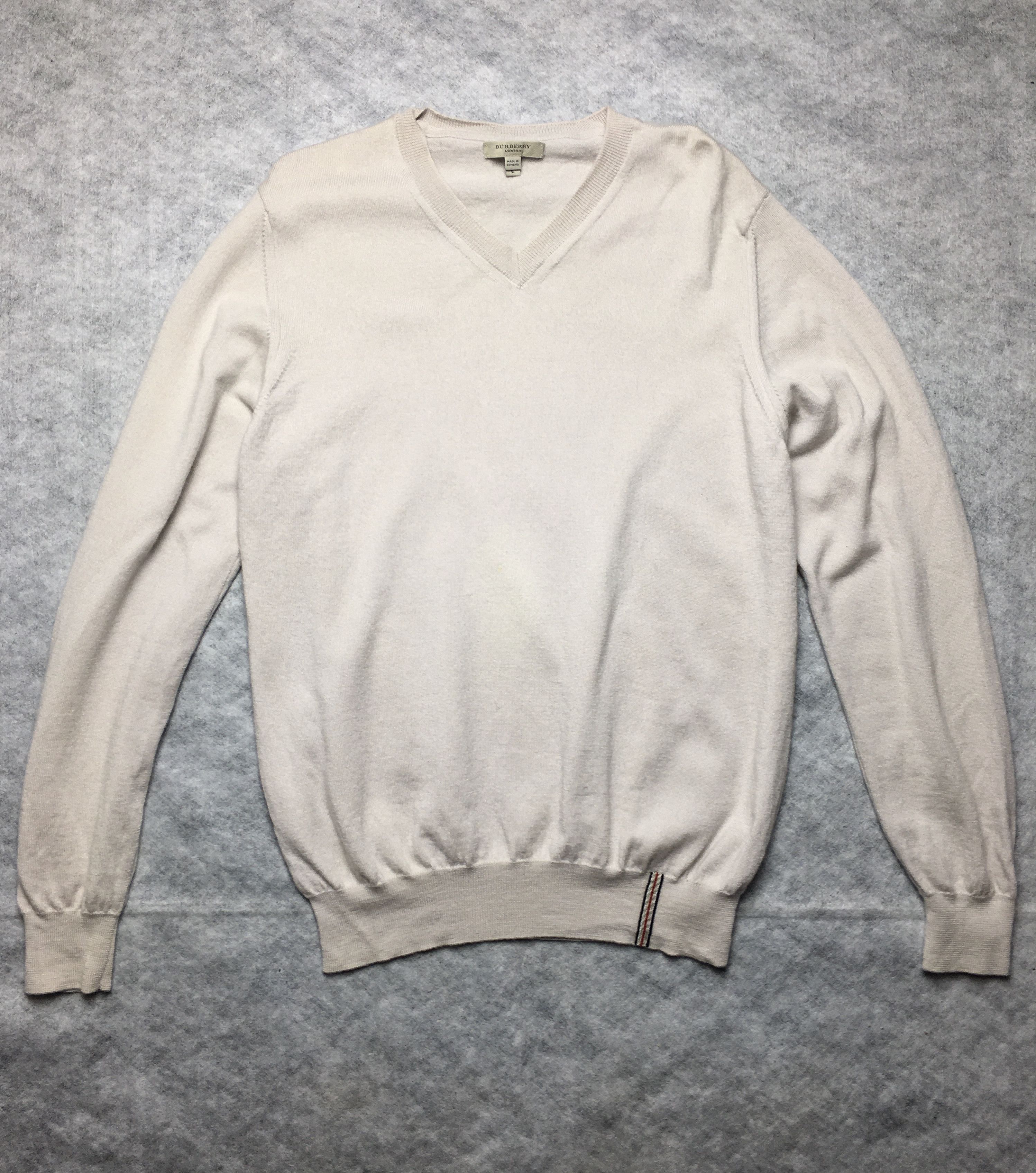 Burberry Mens Beige Merino Wool Sweater Jumper V-Neck
