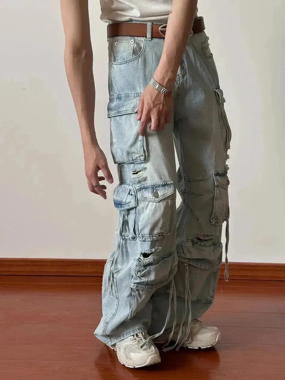Japanese Brand Frayed loose jeans pockets ripped wide legs retro style Y2K Size US 32 / EU 48 - 1 Thumbnail