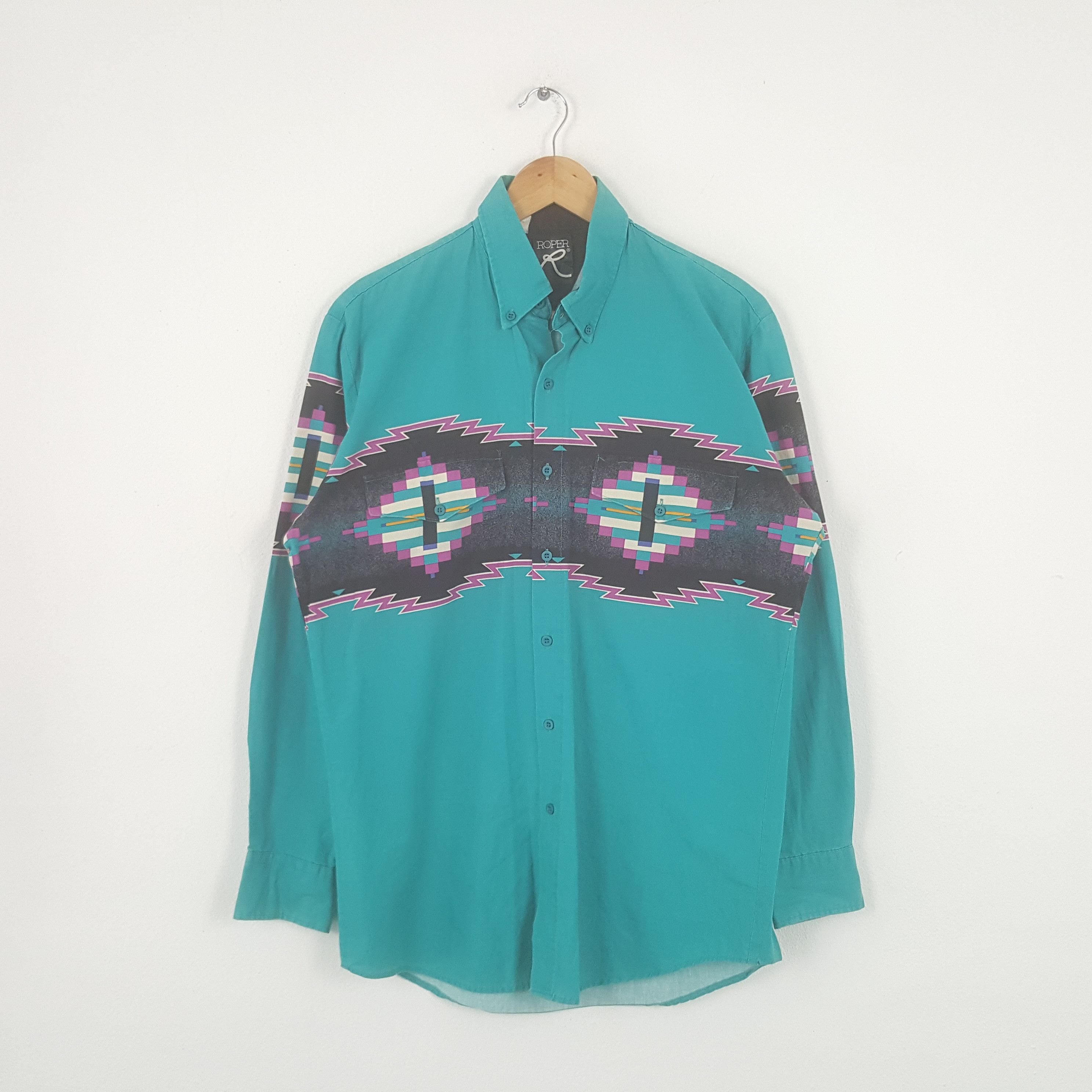 Vintage ROPER Preppy Style Abstract Art Long Sleeve Shirt