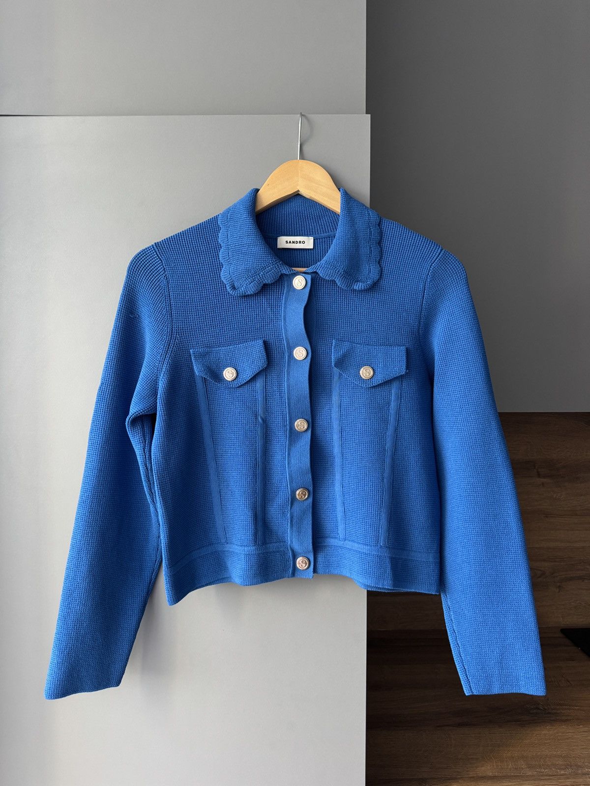 Sandro Sandro Paco Scalloped Ribbed-Knit in Blue Cardigan Size L / US 10 / IT 46 - 2 Thumbnail