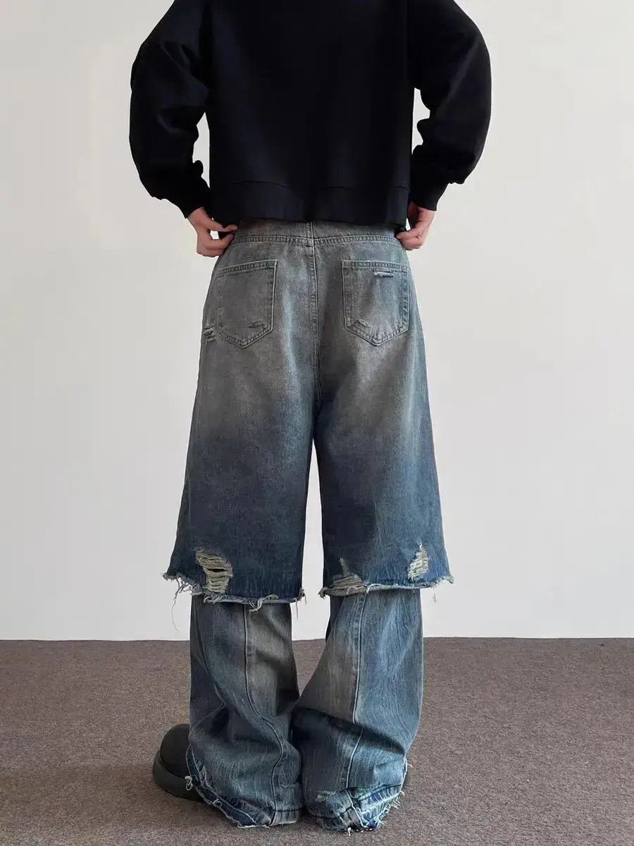 Japanese Brand High Street Hip Hop Fake Two Piece Layered Aged Jeans Size US 32 / EU 48 - 3 Thumbnail