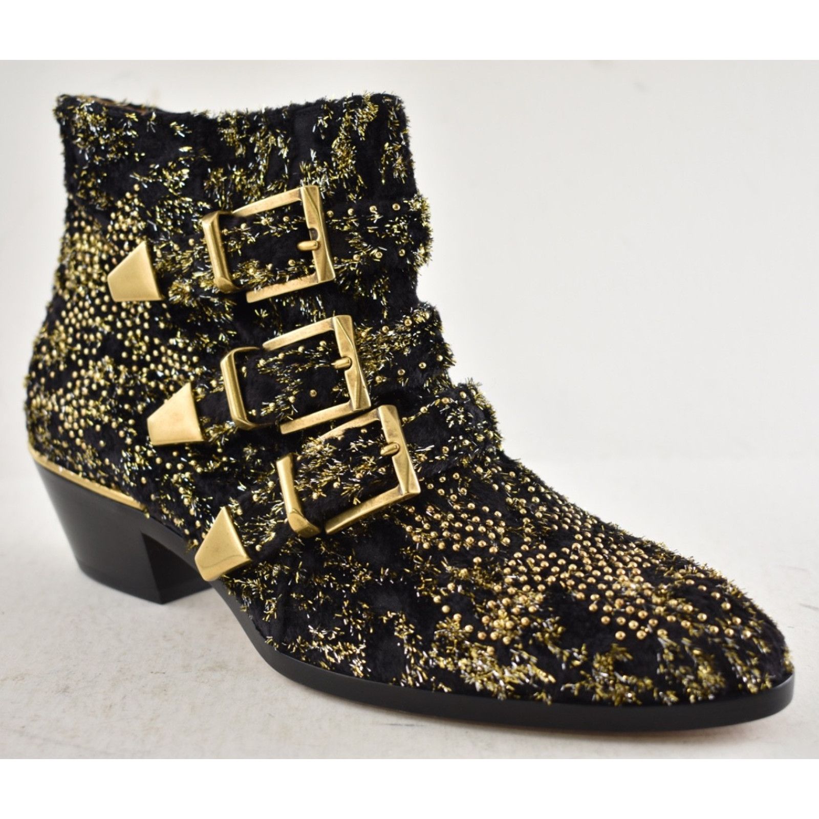 Chloe Chloe Suzanna Black Gold Velvet Studded Ankle Bootie 37 Size US 7 / IT 37 - 4 Thumbnail