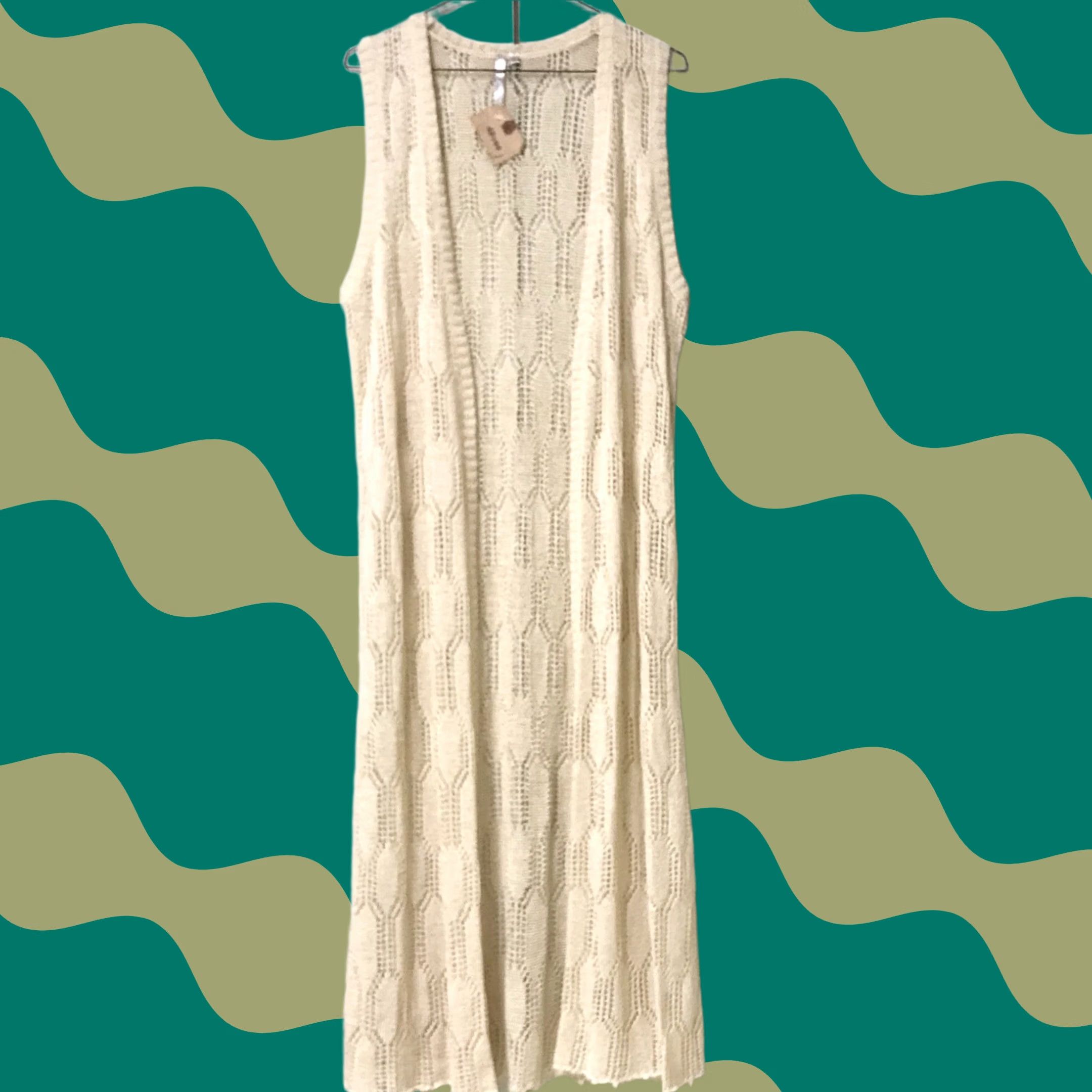 Vintage Mono B Women Cream Crochet Knit Open Front Sleeveless Maxi Cardigan Duster M Size M / US 6-8 / IT 42-44 - 1 Thumbnail