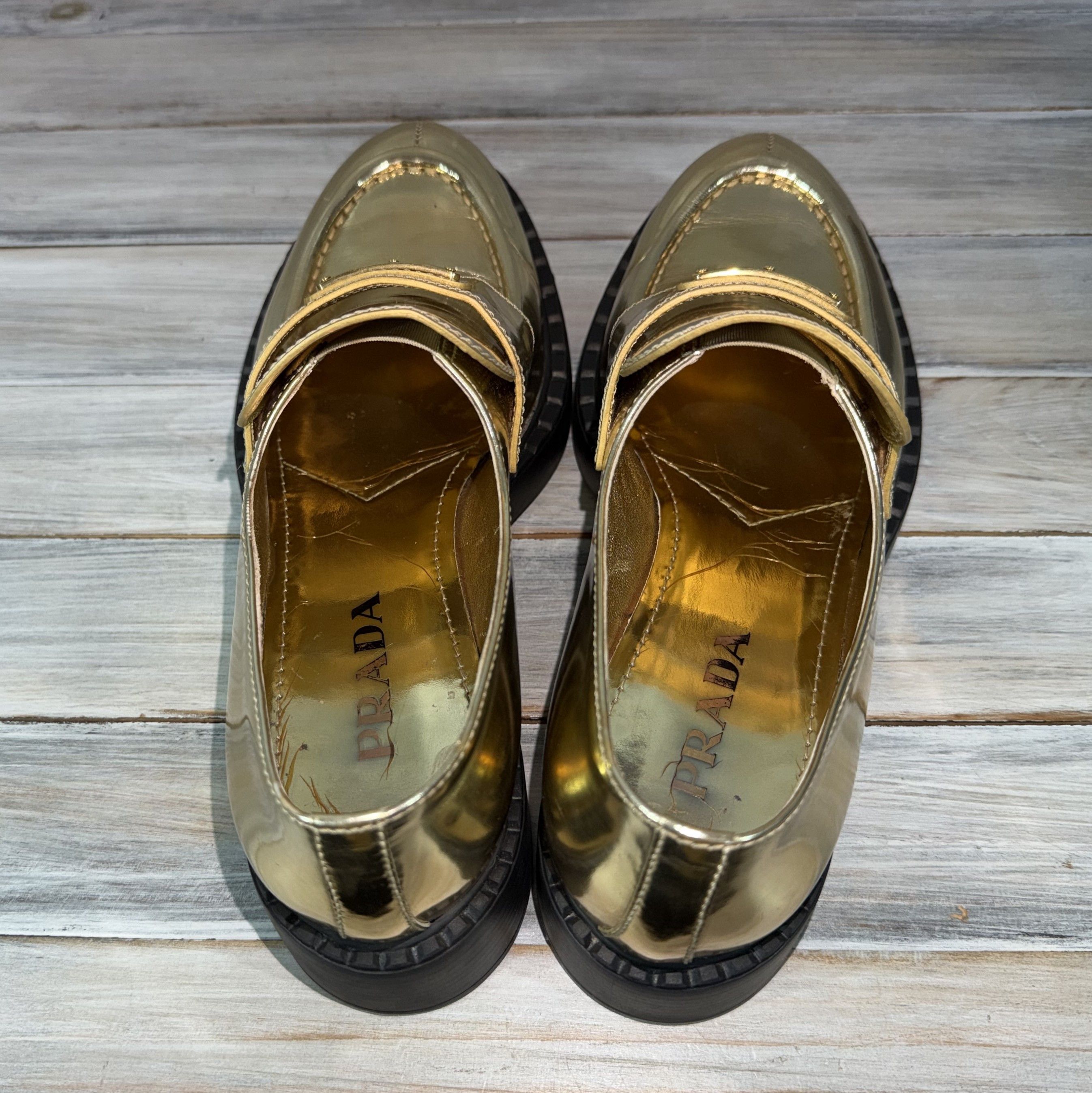 Prada PRADA Milano Metallic Gold Leather Loafers Triangular Logo Size US 10.5 / IT 40.5 - 11 Thumbnail