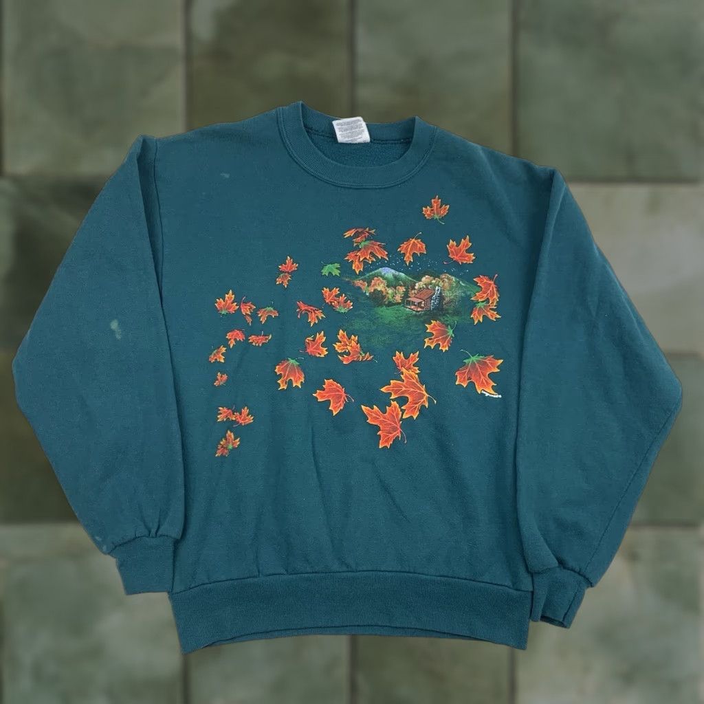 Jerzees VINTAGE Jerzees Sweatshirt Shirt Men M Green 90s Nature Fall Log Cabin Pullover Crew Neck Small Bleach Stains Included Size US M / EU 48-50 / 2 - 1 Thumbnail