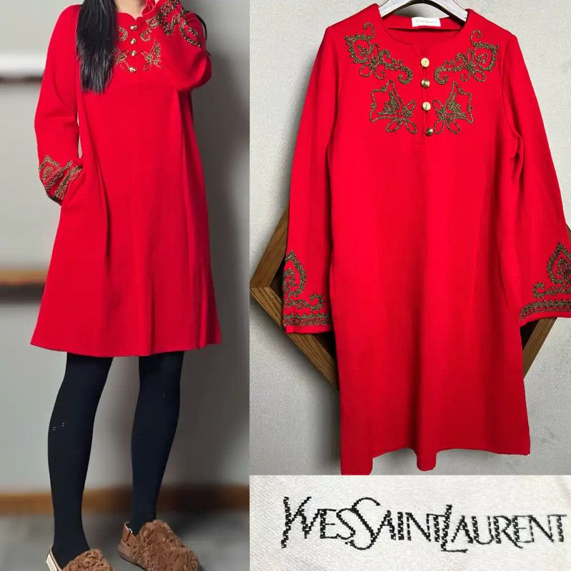 Yves Saint Laurent YSL Red Wool Dress with Embellishments 0089 Size ONE SIZE - 1 Thumbnail