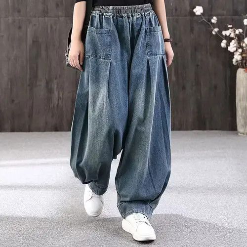 image of Baggy Oversize Jeans Women Denim Casual Cross Pants in Blue (Size 26)