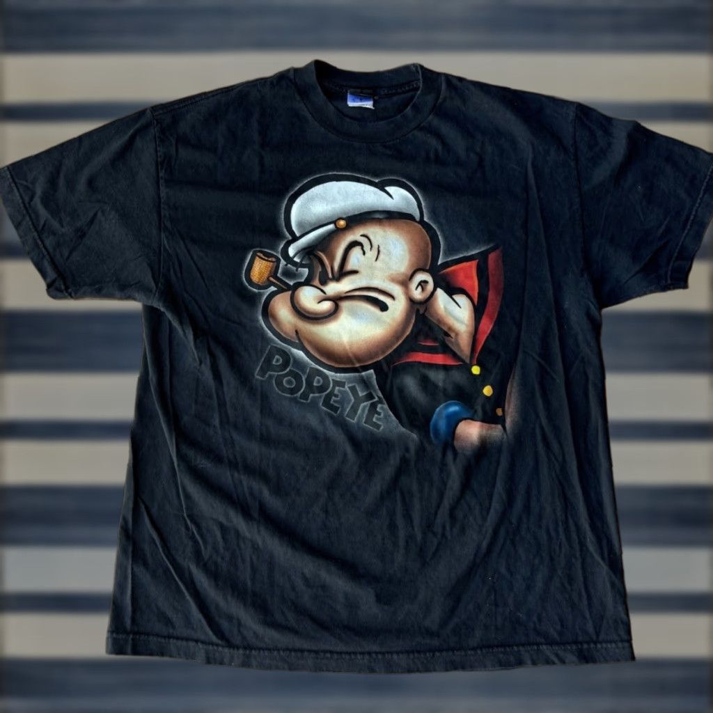 Vintage VINTAGE Popeye The Sailor Man Cartoon Big Face T-Shirt XL Mens Short Sleeve Crew Neck Black Cotton Universal 90s 90s Y2K Logo Size US XL / EU 56 / 4 - 1 Thumbnail