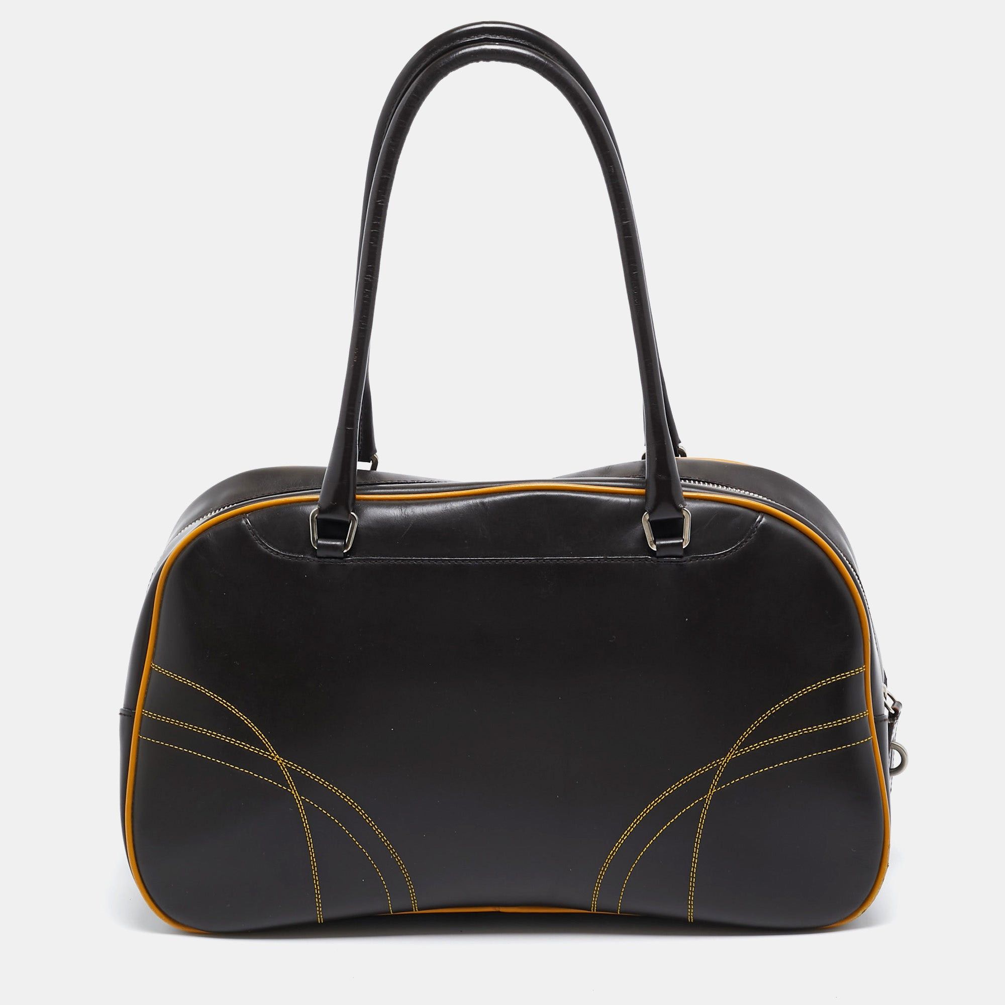 image of Prada Choco Brown/yellow Easy Calf Leather Bowler Bag, Women's
