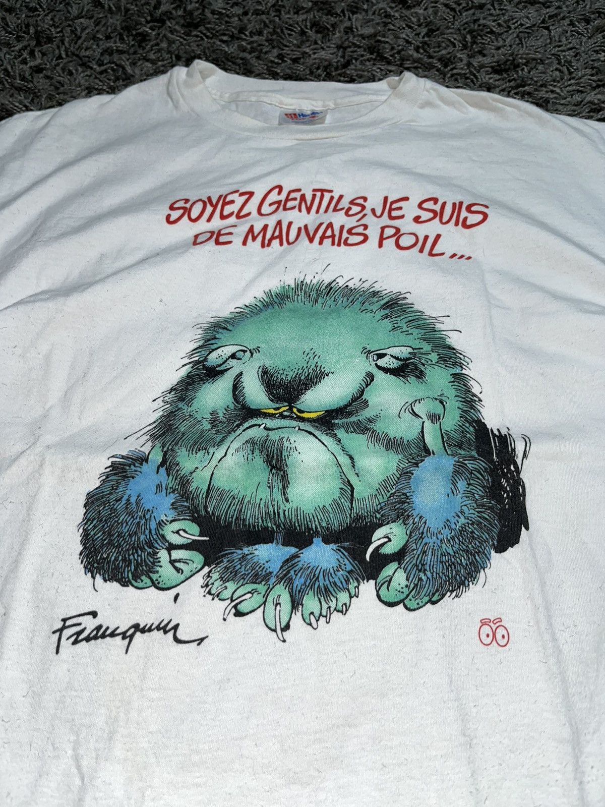 Hanes Vintage 80s Andre Franquin "Soyez Gentils" Monster T-Shirt Size US XL / EU 56 / 4 - 2 Thumbnail