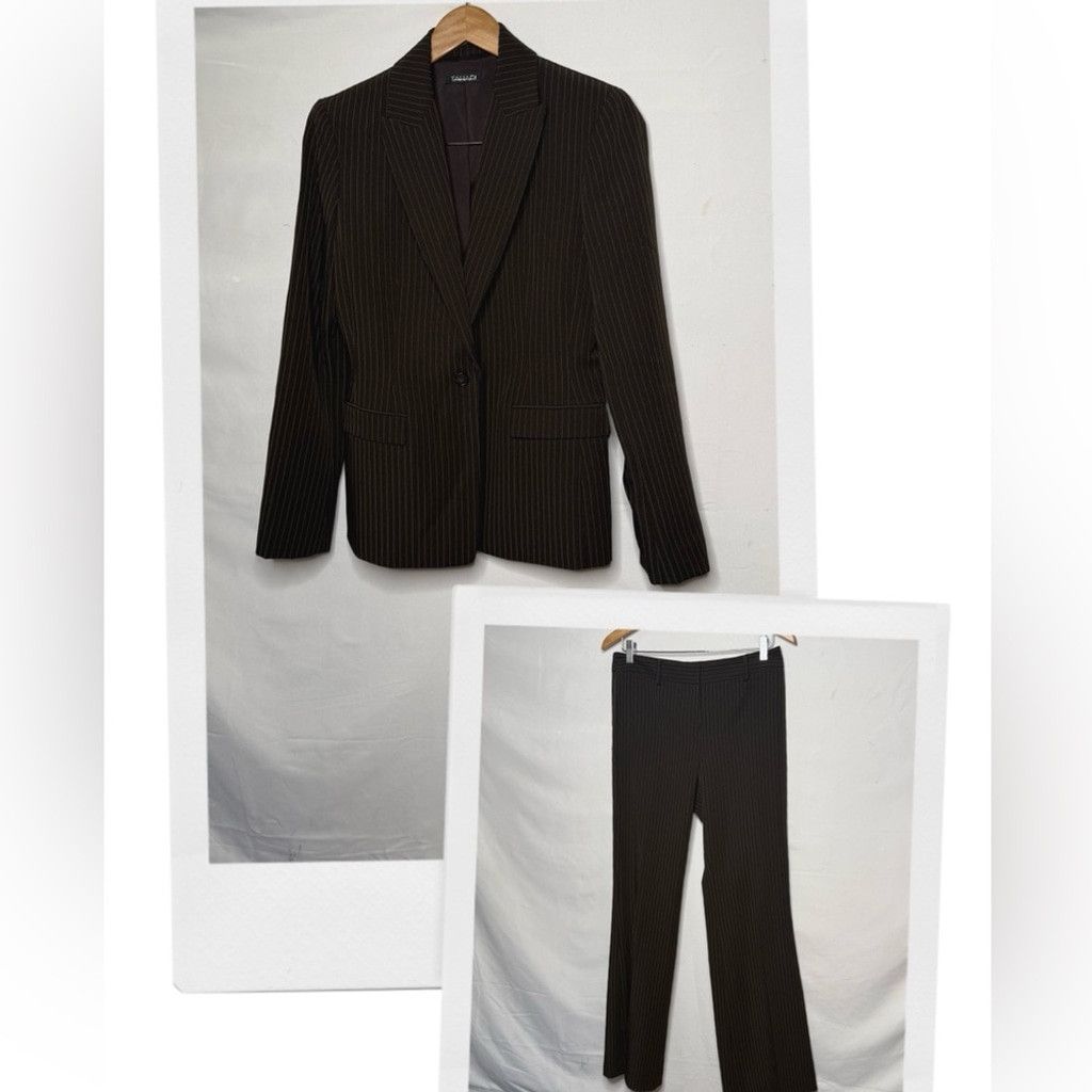Elie Tahari NWOT Tahari brown pinstripe pants blazer wide leg suit set 4 Size 27" / US 4 / IT 40 - 1 Thumbnail