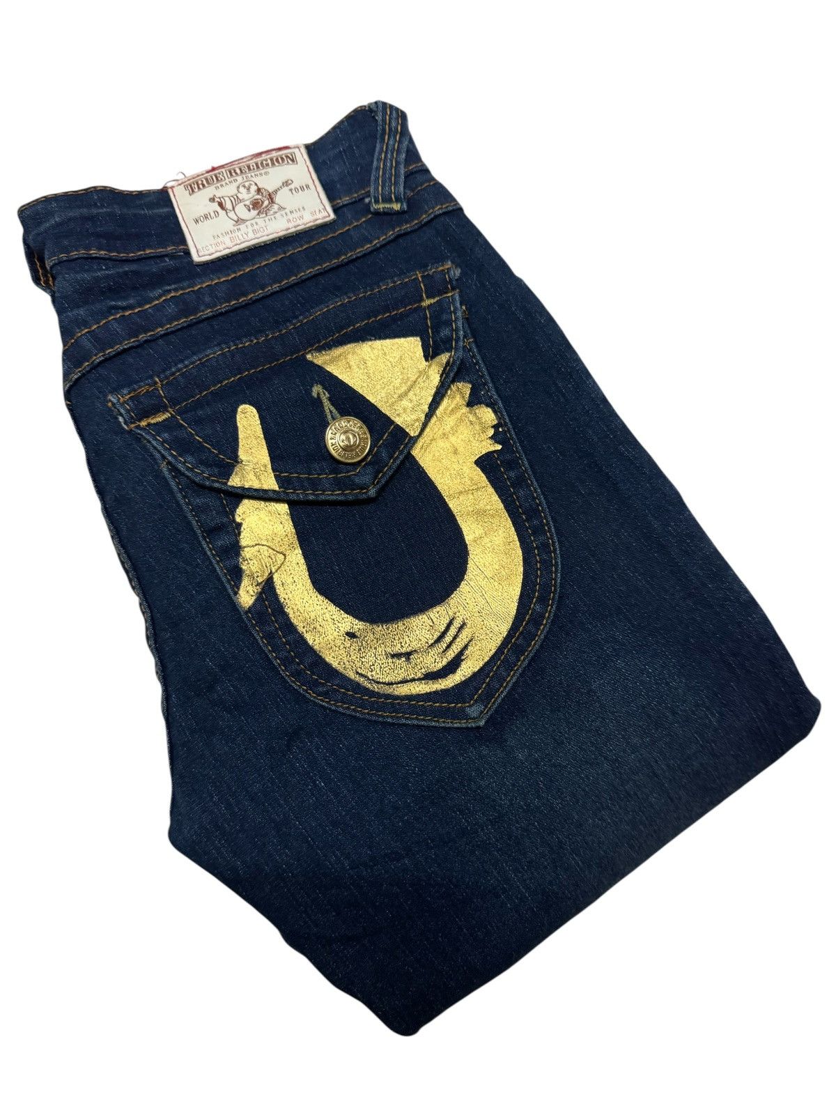 💥RARE💥TRUE RELIGION INDIGO FLARE TWIST LEG GOLD LOGO RARE