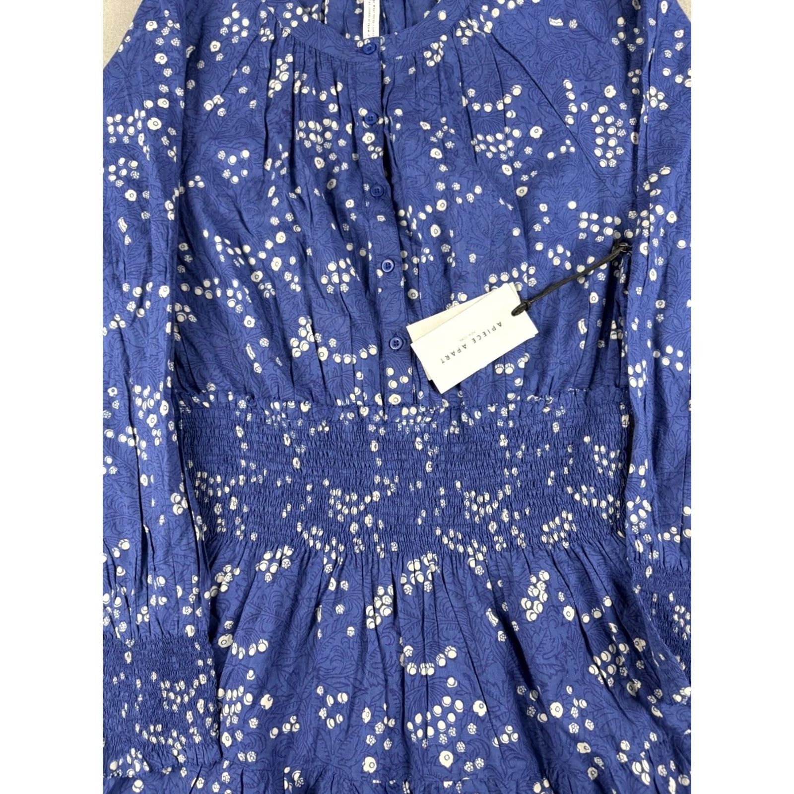 Apiece Apart Apiece Apart Dress La Ventura Mini Dress Womens S Blue Smoked Waist Boho Spots Puff Sleeve Round Neck Button Short Vintage No Size S / US 4 / IT 40 - 2 Thumbnail