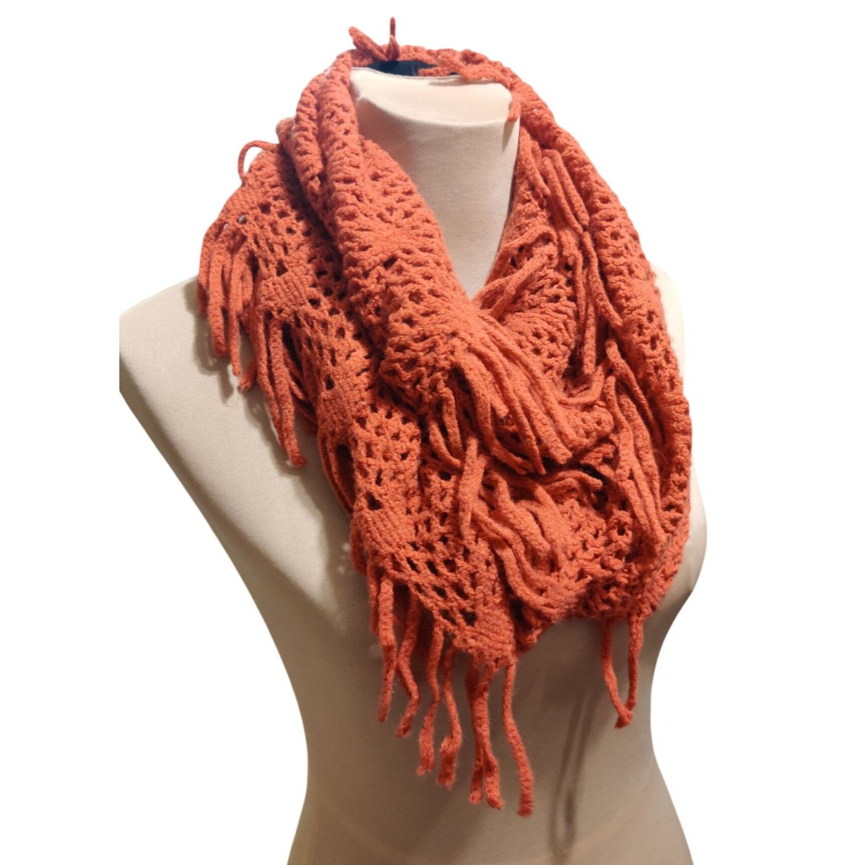 Other Rust Crochet Infinity Scarf Open Weave Fringe Loop Boho Dese Size ONE SIZE - 2 Thumbnail