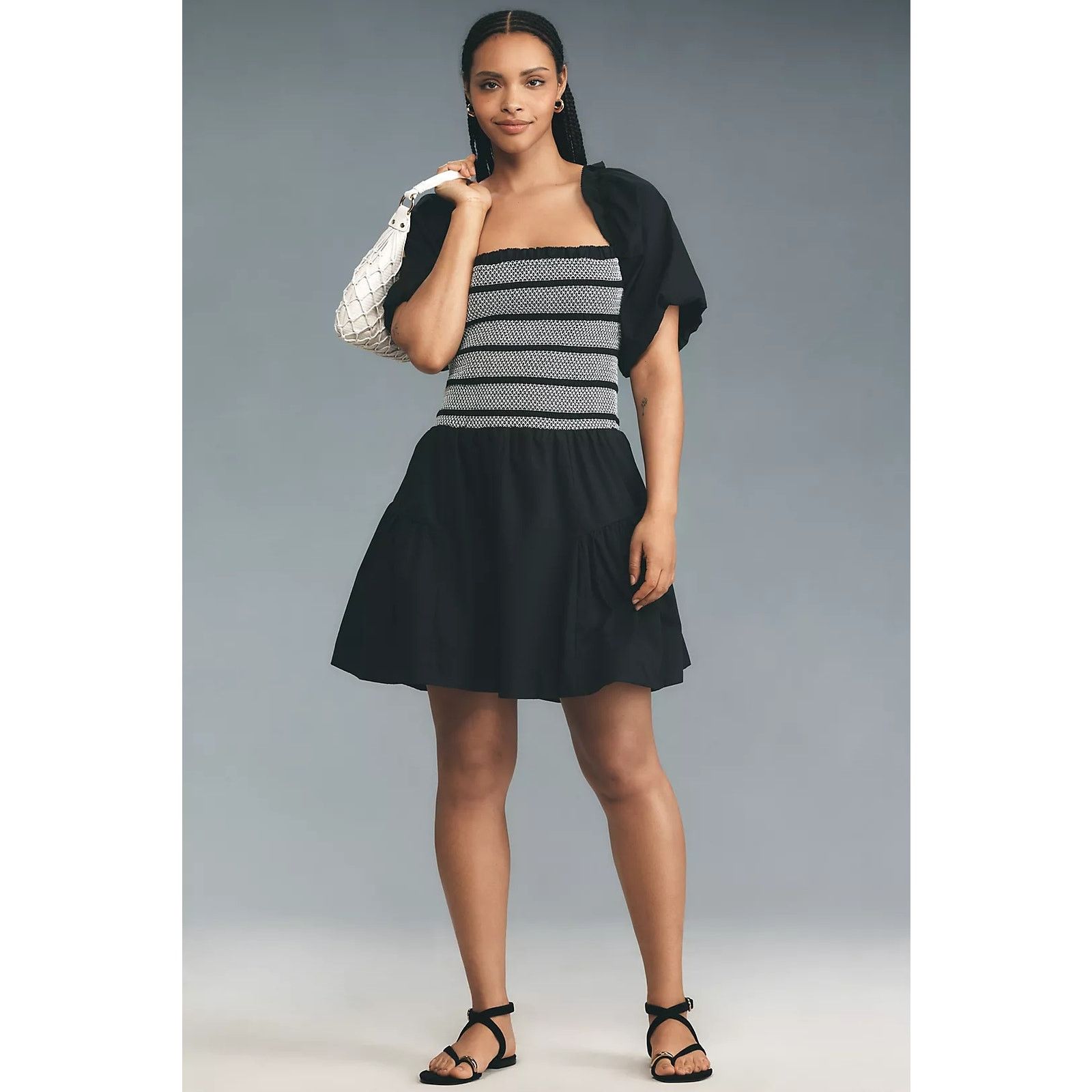Anthropologie NWT Puff-Sleeve Square-Neck Smocked Mini Dress $158 Black Size S / US 4 / IT 40 - 1 Thumbnail