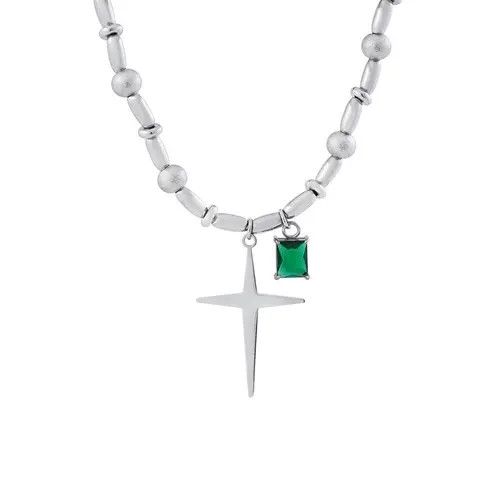 Jewelry Silver Cross Necklace with Green Charm Size ONE SIZE - 5 Thumbnail