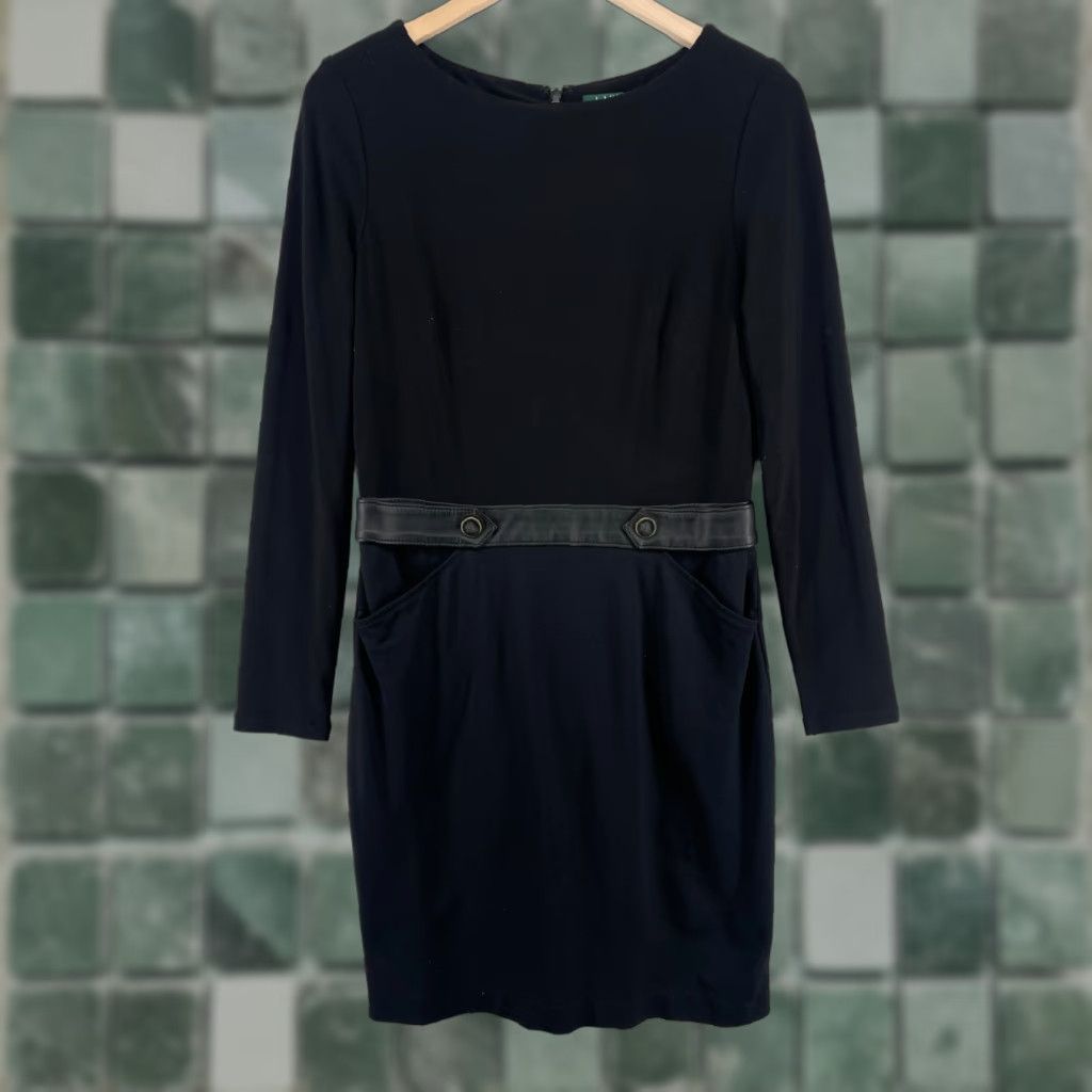LAUREN RALPH LAUREN Dress 10 Sheath Faux Leather Belt Lined Long Sleeve  Black