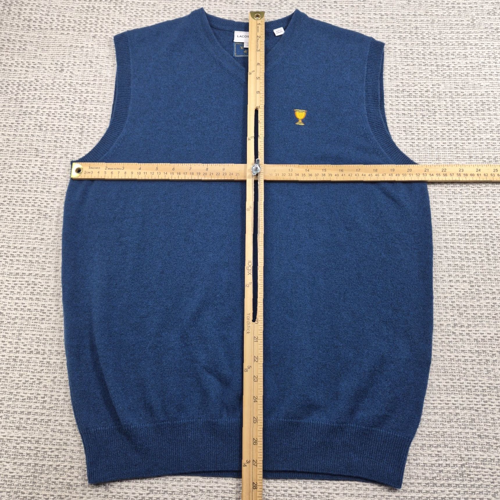 Lacoste Lacoste Mens Large Blue 100% Cashmere V-Neck Sleeveless Trophy Cup Embroidered Vest, Golf/Tennis, Classic Fit, Casual Sportswear Size US L / EU 52-54 / 3 - 6 Thumbnail