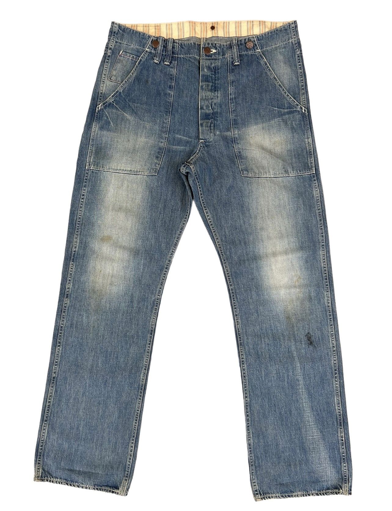 image of Anachronorm Japan Dirty Muddy Denim Distress Mine Jeans in Blue, Men's (Size 36)