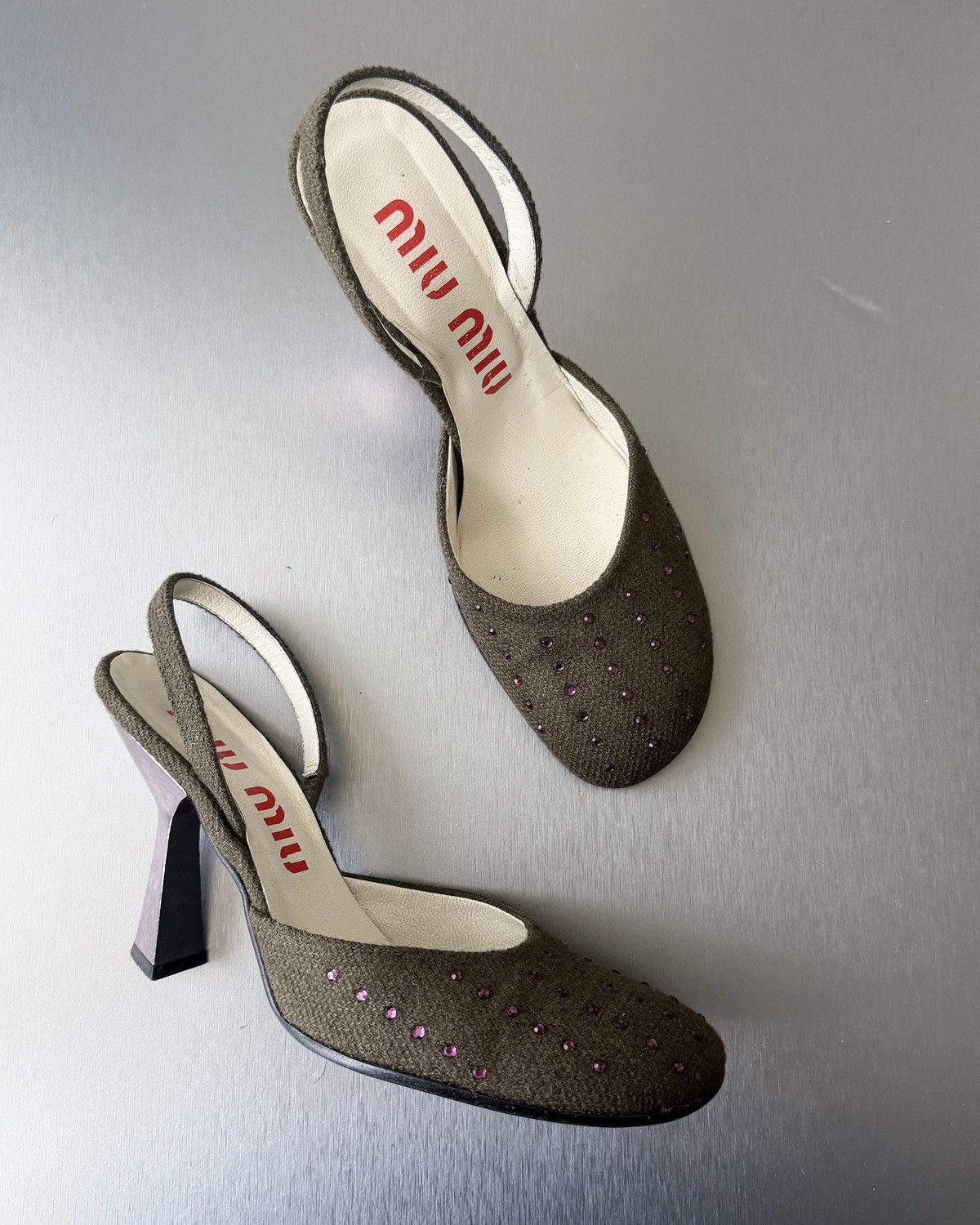 Miu Miu miu miu s/s 1998 olive tweed with pink crystals heels Size US 7.5 / IT 37.5 - 1 Thumbnail