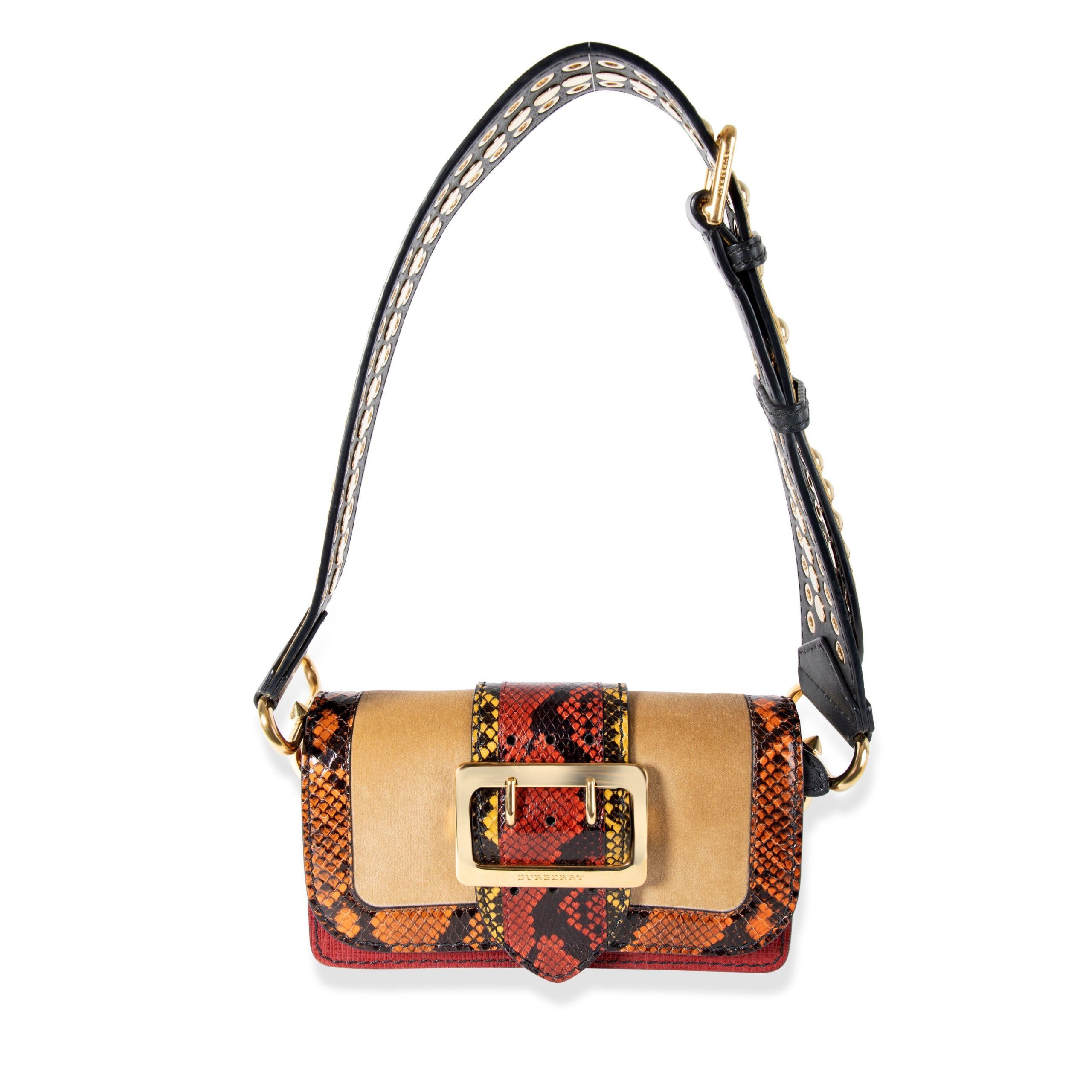 image of Burberry Multi-Color Patchwork Snakeskin & Leather Buckle Bag in Beige, Women's