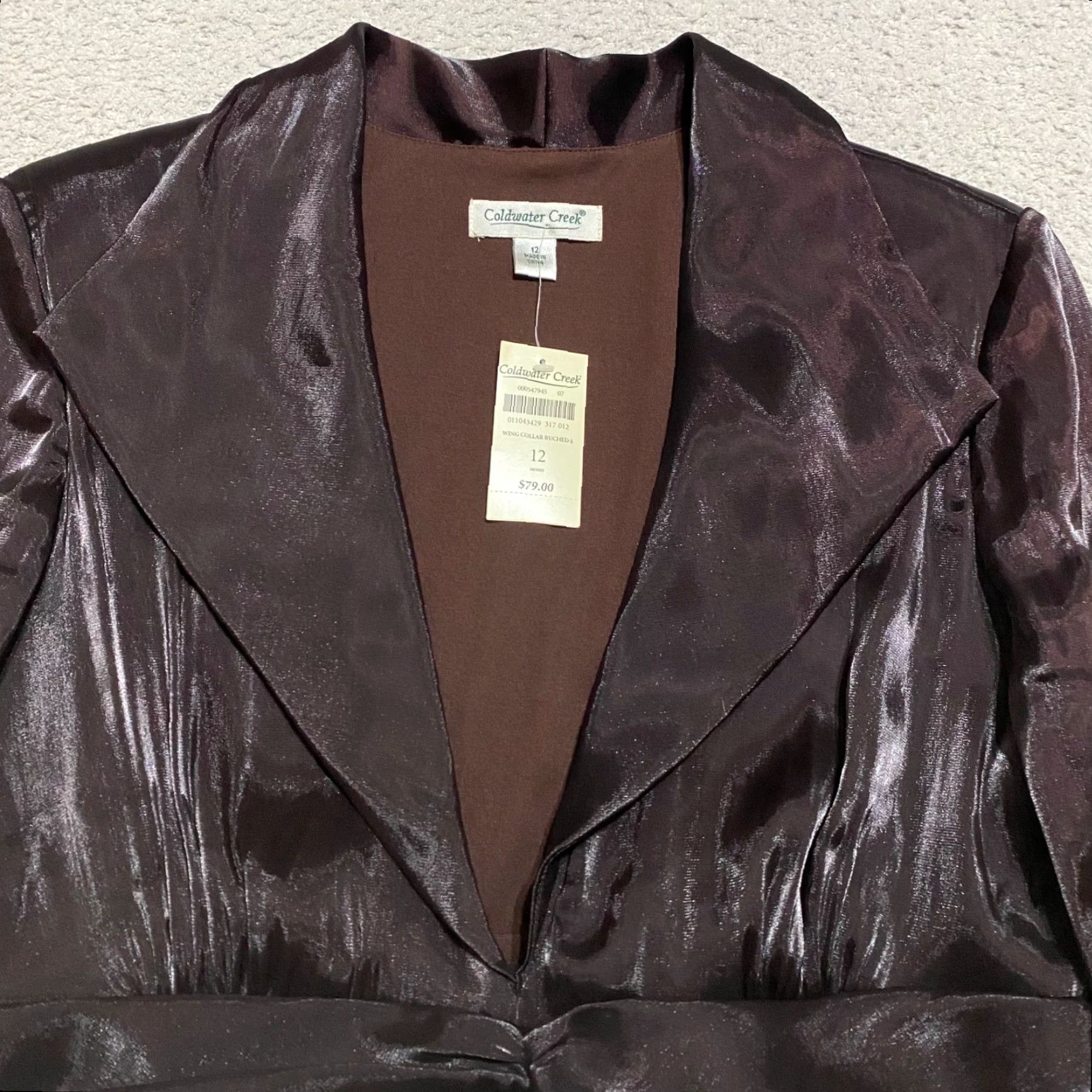 Coldwater Creek VINTAGE Coldwater Creek Blazer Women 12 Brown Satin 3/4 Sleeve Short NWT Jacket Ruched Wing Collar Dressy Business Casual jacket Size XL / US 12-14 / IT 48-50 - 6 Thumbnail