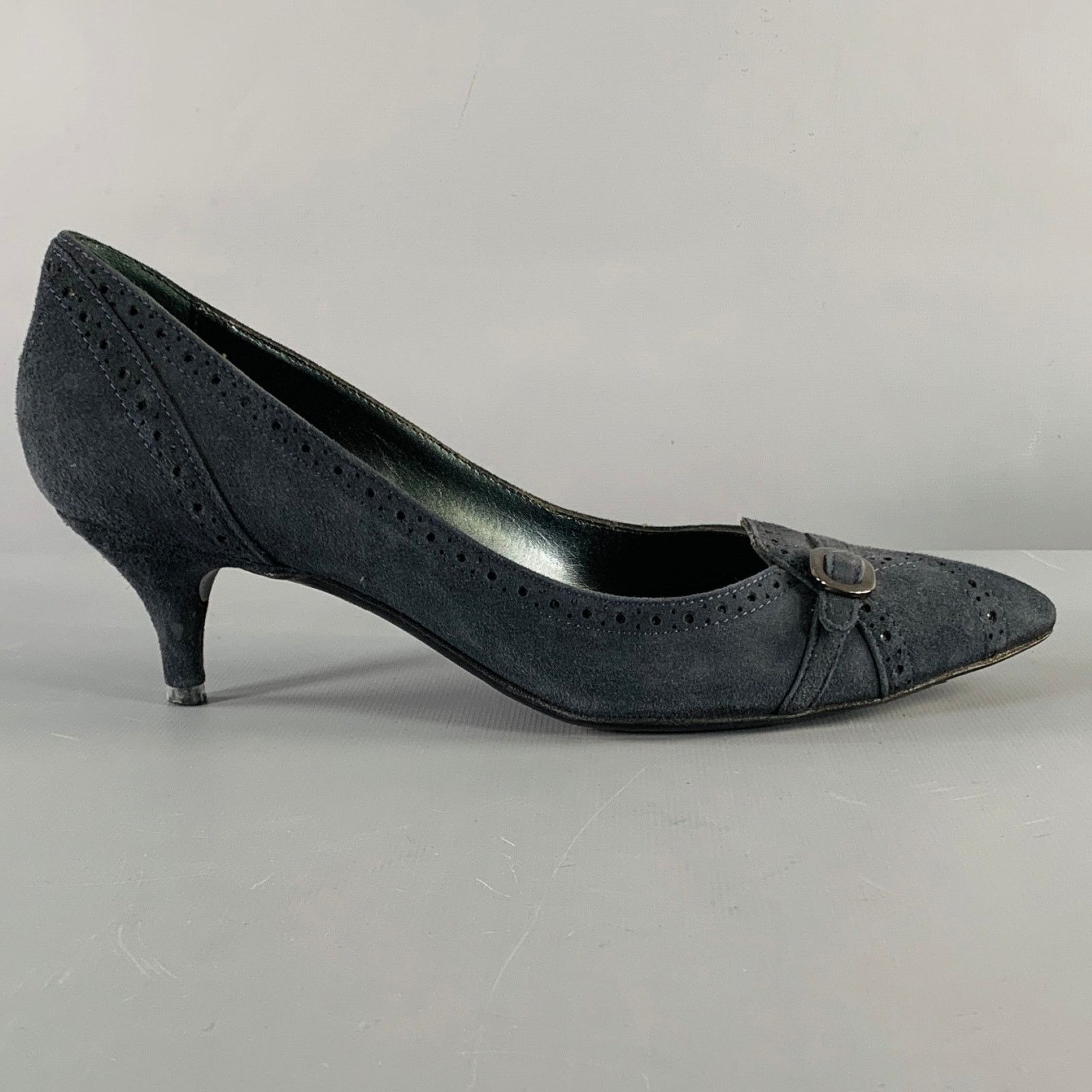 Sergio Rossi Size 6.5 Navy Suede Perforated Kitten Heel Pumps Size US 6.5 / IT 36.5 - 2 Thumbnail