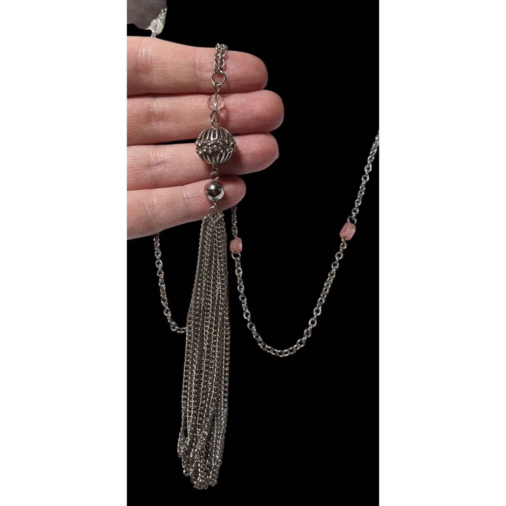 Macys Macy's Style Lab Silver Tone Pink Beaded Tassel Necklace Size ONE SIZE - 3 Thumbnail