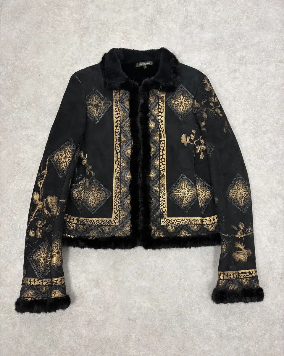 2000s Roberto Cavalli Black & Golden Royal Shearling Jacket