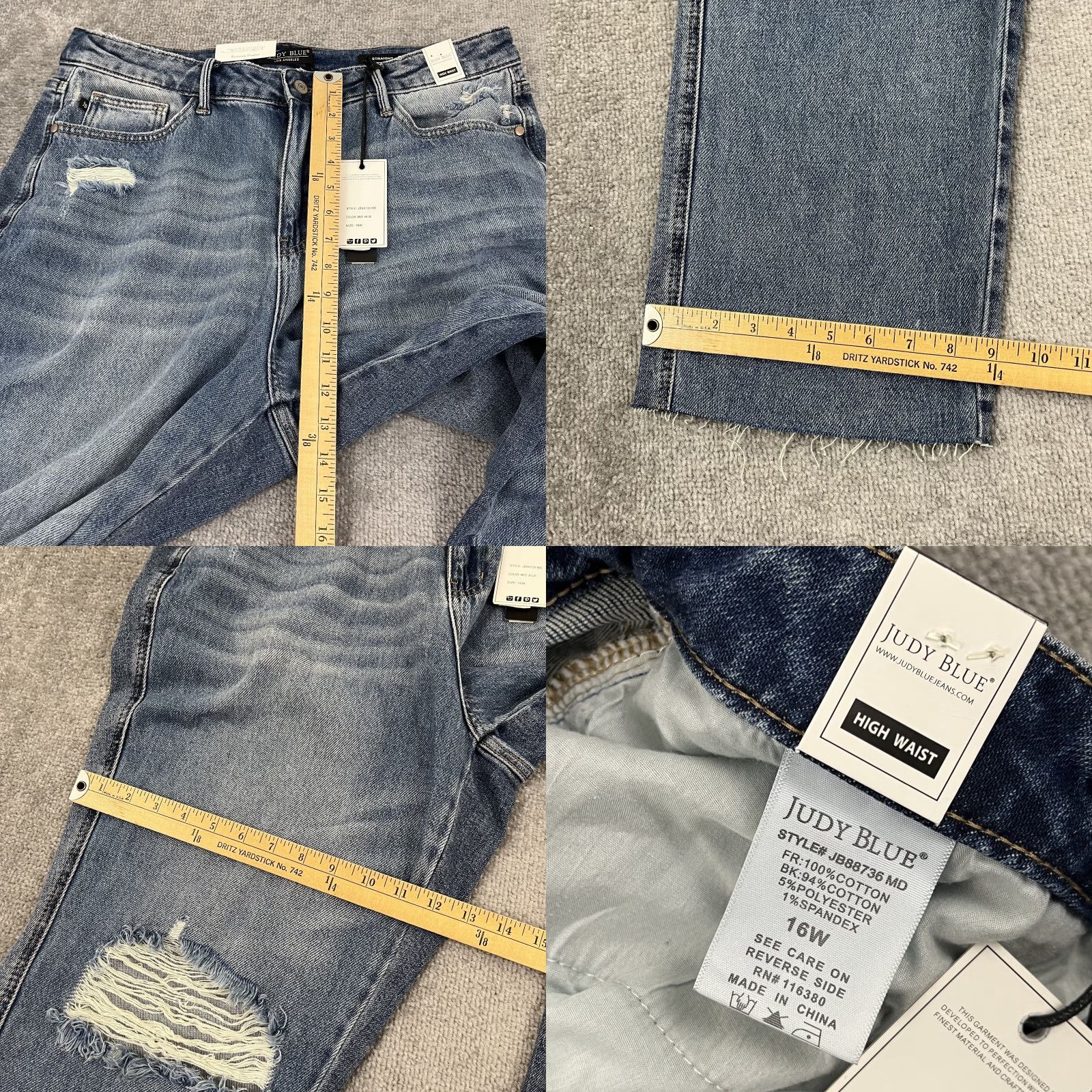 Vintage Judy Blue Jeans Women 16W / W36 L28 Straight Fit Distressed Stretch NEW Denim Jeans City College 90s Womens Size 38" / US 16 / IT 52 - 8 Thumbnail