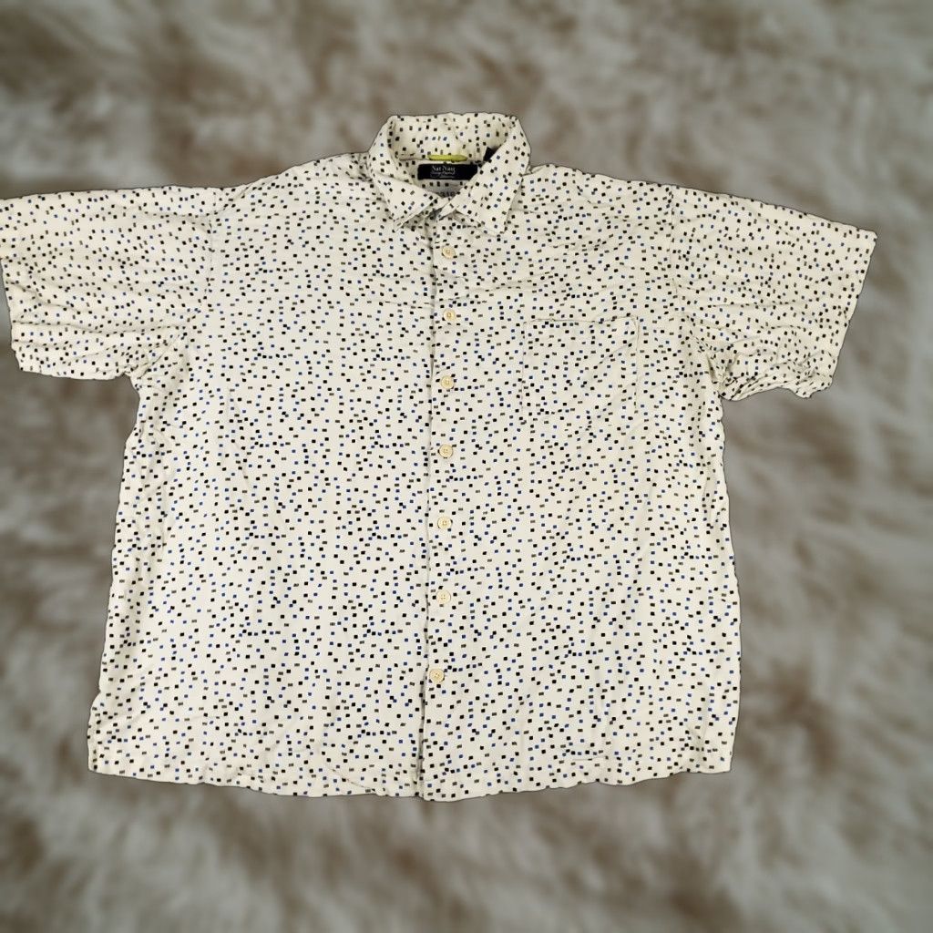 Nat Nast Nat Nast Shirt Mens 2XT Ivory/Blue Silk Blend Button Up Short Sleeve Size US XXL / EU 58 / 5 - 1 Thumbnail