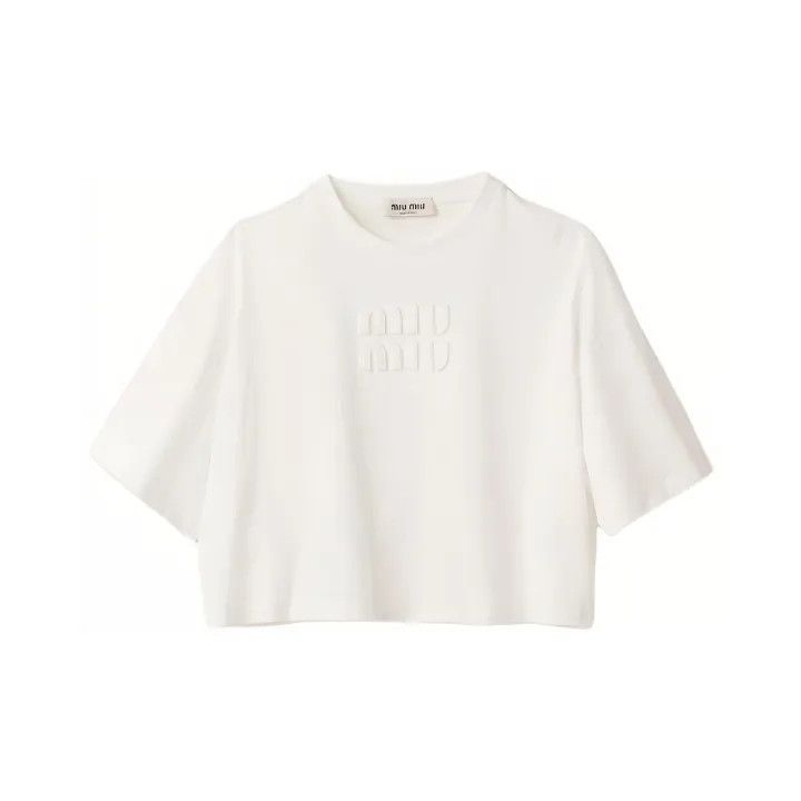 Miu Miu Miu Miu SS23 White Logo Embroidered Short Sleeve Top 0079 Size S / US 4 / IT 40 - 1 Thumbnail