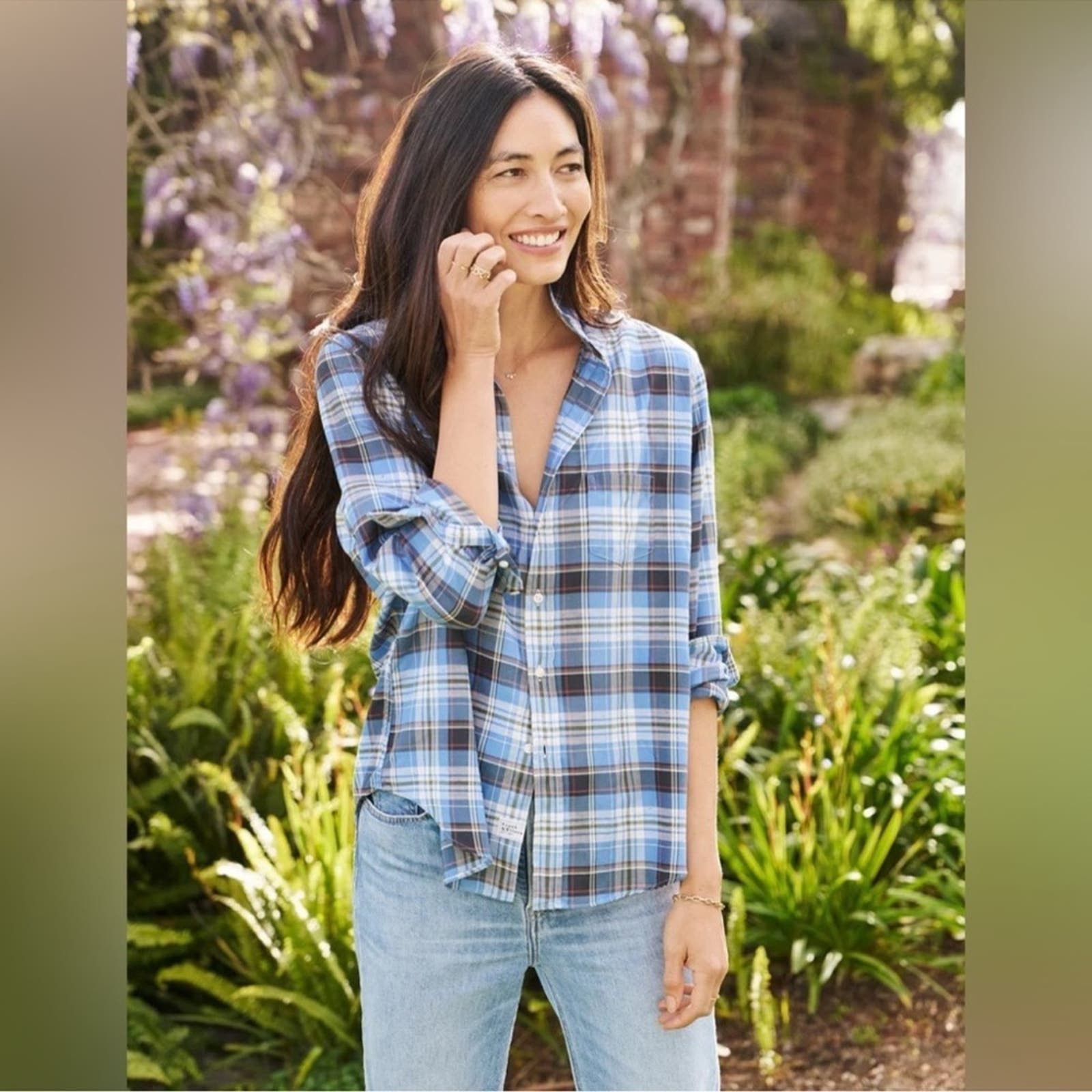 image of Frank Eileen Frank & Eileen Blue Plaid Woven Linen Button Up Shirt Xs Nwt, Women's