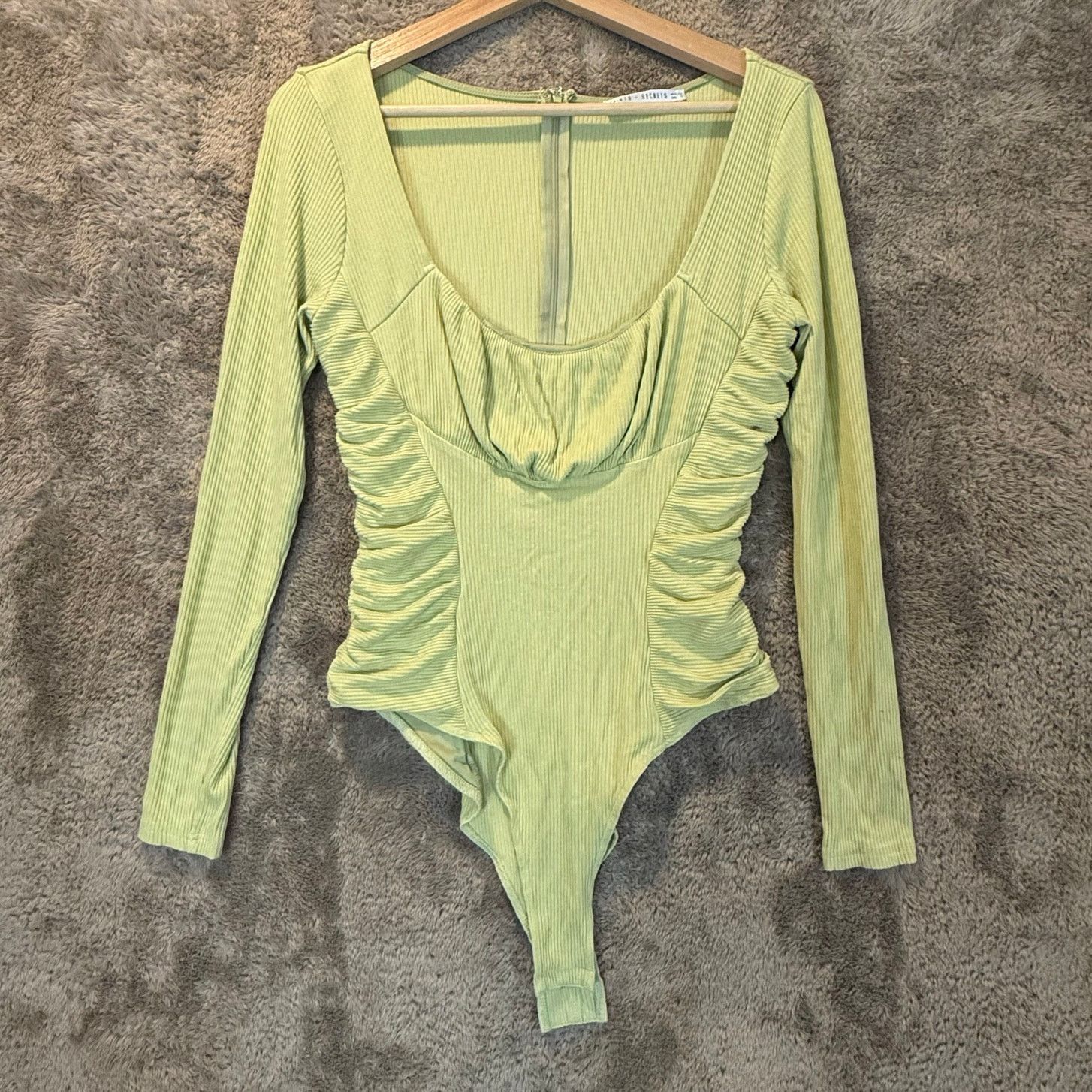 Other Saints Secrets Green Ribbed Shirred Bodysuit Long Sleeve Top Size L / US 10 / IT 46 - 1 Thumbnail