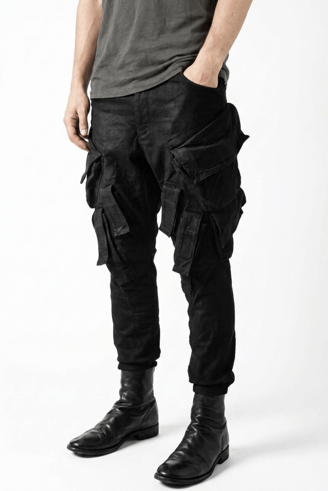 SS15 "Prism" Gas Mask Cargo Pants Waxed Black Denim, Julius