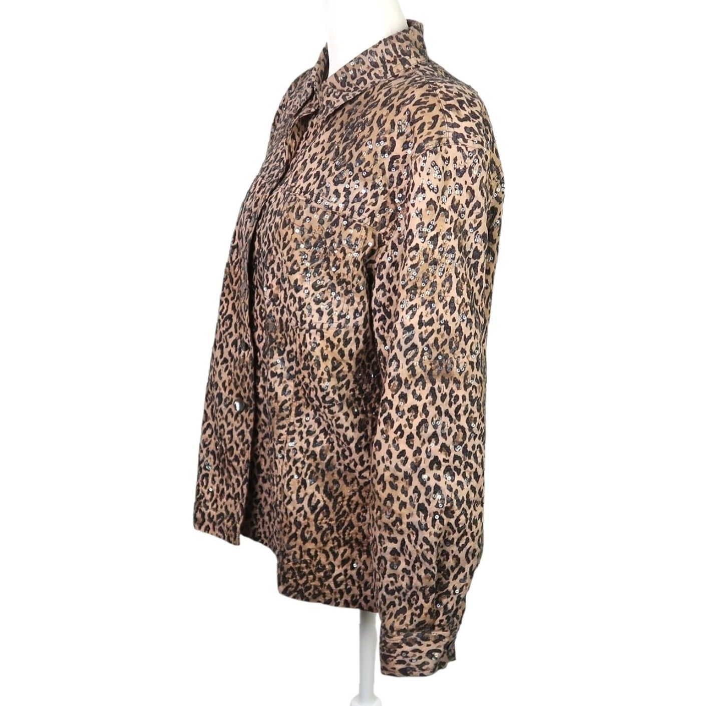 Vintage VINTAGE Chico's Leopard Sequin Jacket Leather? No, Cotton Short Jacket 90s Woman L Brown Black Sequin Button Front 2 / Large Girls Womens Mens? Size L / US 10 / IT 46 - 3 Thumbnail