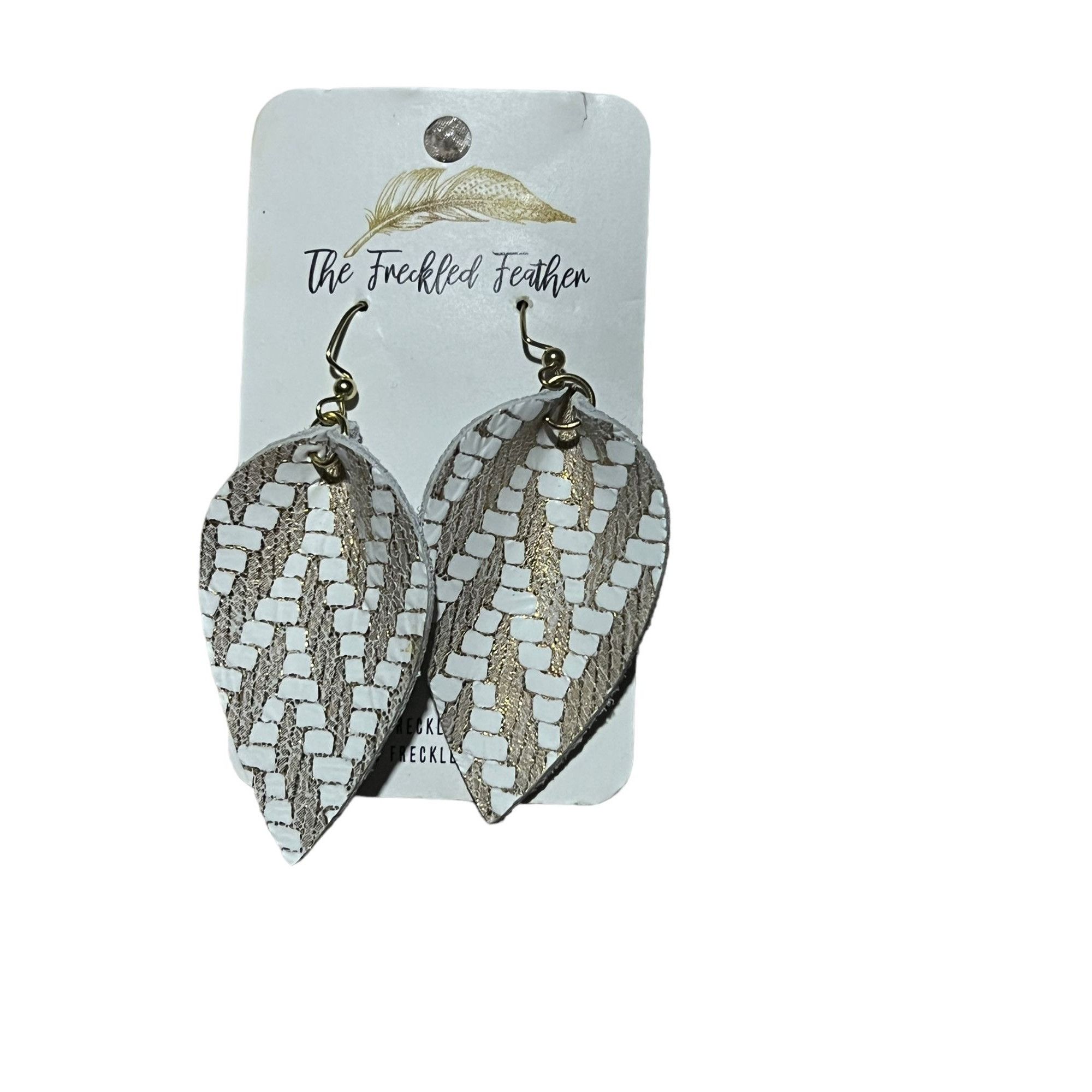 Other The Freckled Feather Earrings Suede Leather Woven Gold White Size ONE SIZE - 1 Thumbnail