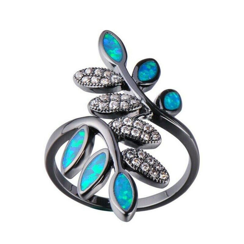 Designer 35mm Blue Opal & CZ Zircon Leaf Branch Ring - Size 7 Size ONE SIZE - 2 Thumbnail