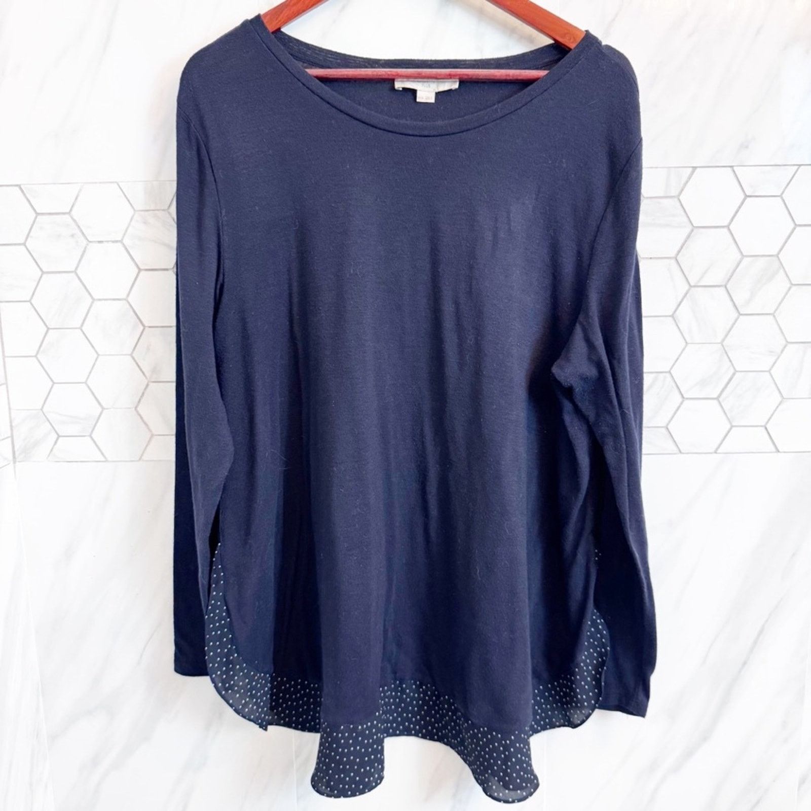 Loft Loft Navy White Polka Dot Mixed Media Sweater Top 16/18 Size XXL / US 16-18 / IT 52-54 - 3 Thumbnail