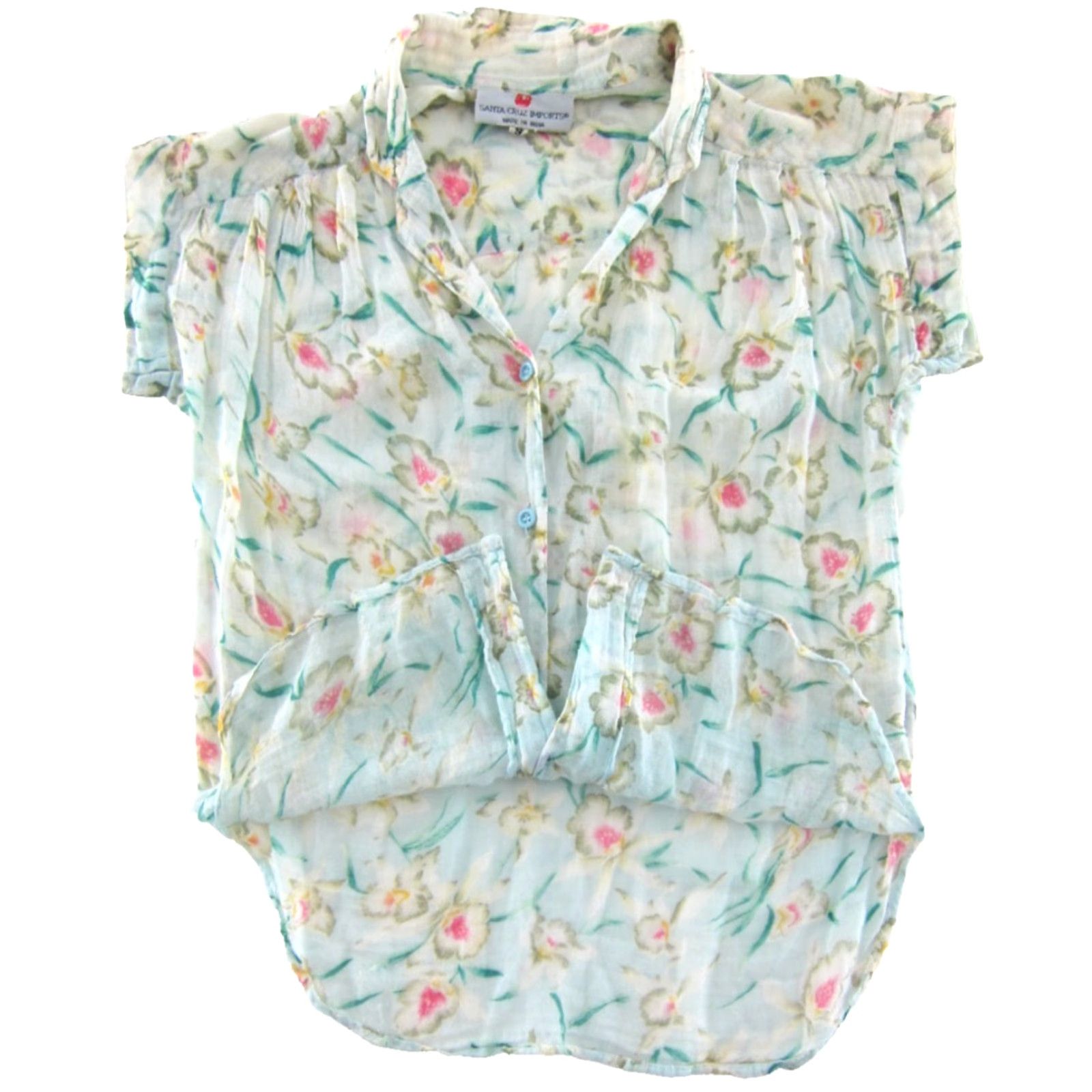 Pinko VINTAGE Santa Cruz Imports Blouse Shirt Womens S Green Floral Short Sleeve Button Collared 100% Cotton Gauze Hippie Spring Summer 90s Size S / US 4 / IT 40 - 5 Thumbnail
