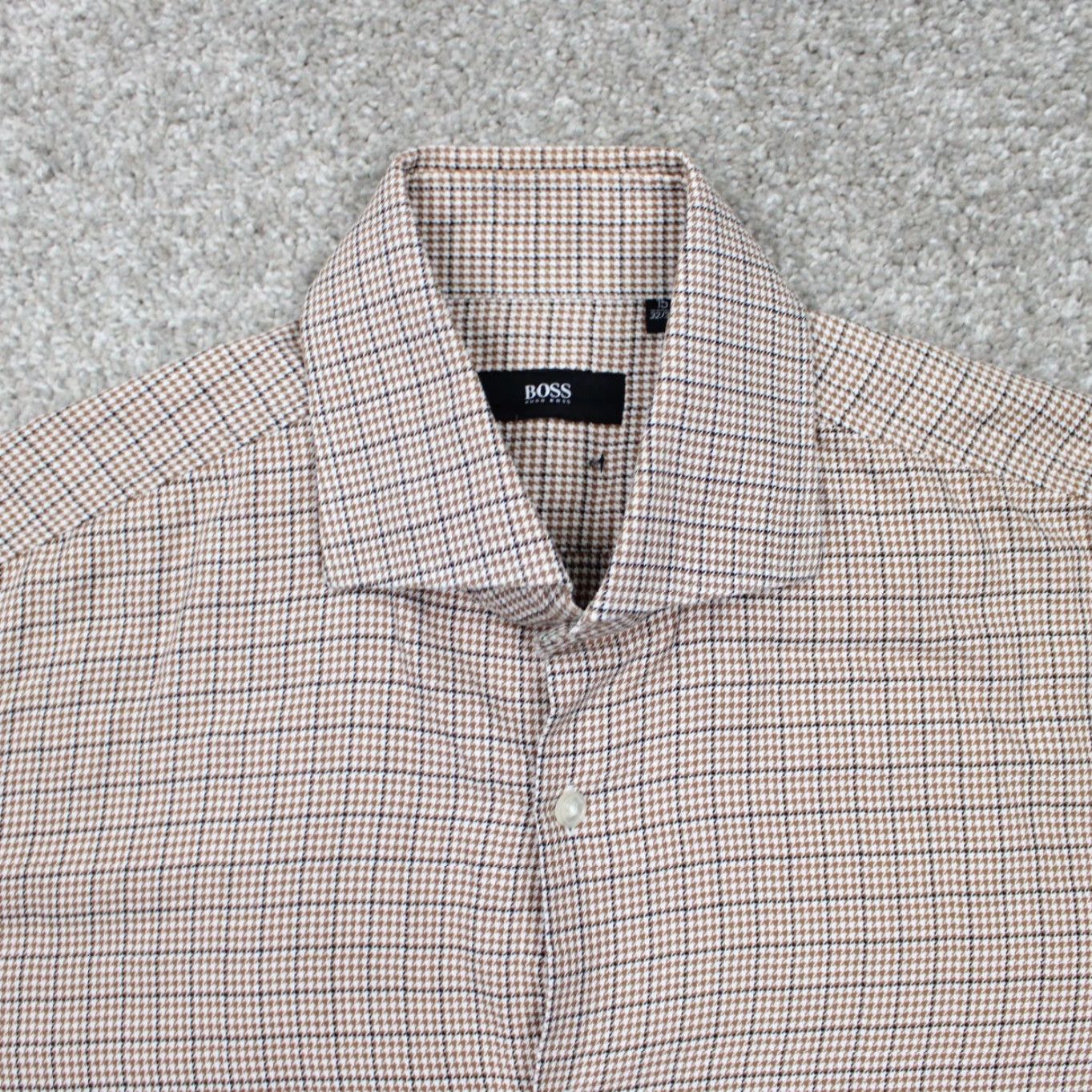 Hugo Boss HUGO BOSS Dress Shirt Mens 15 32/33 Brown White Cotton L/S Button Collar Check 21 in Chest Size 40R - 6 Thumbnail