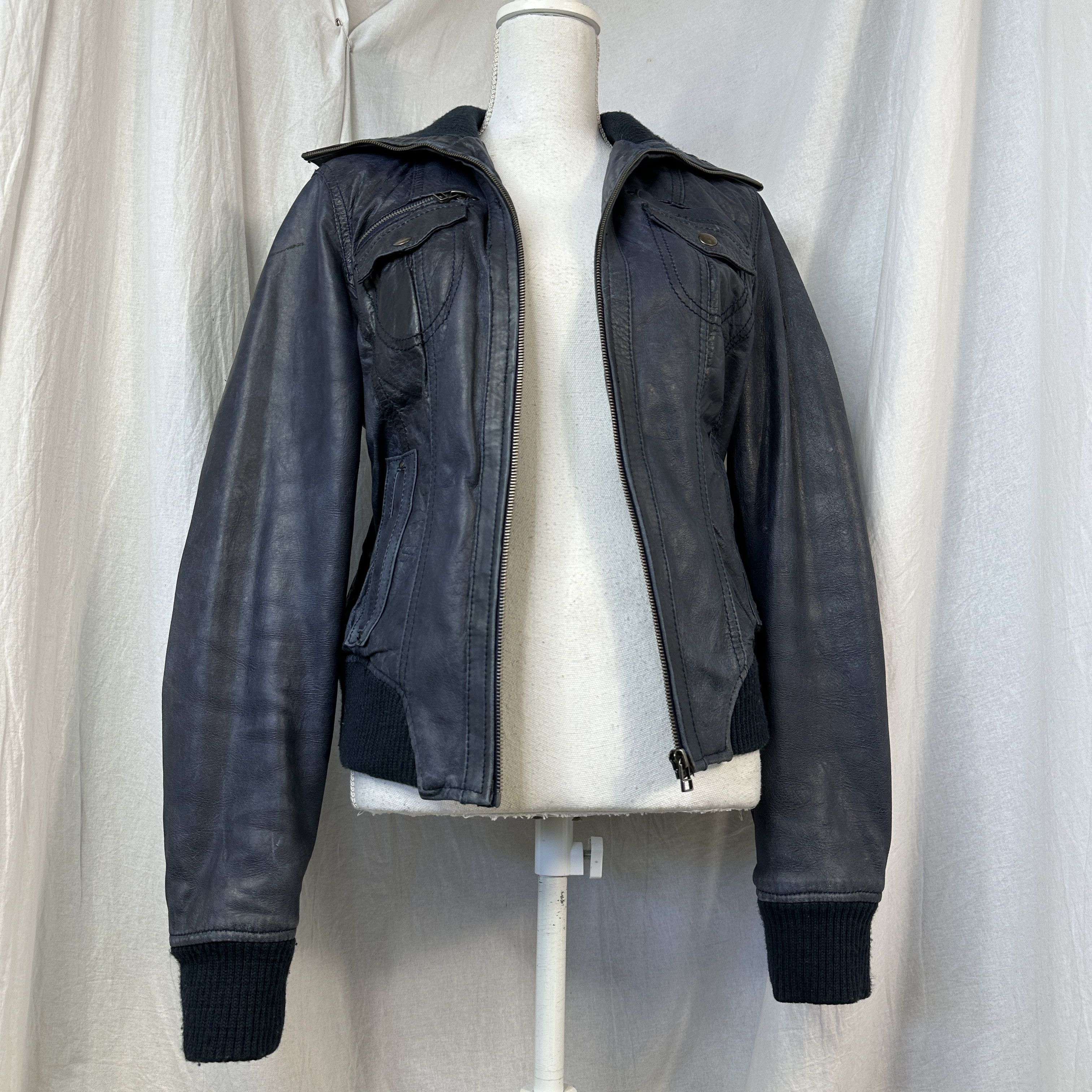 Vintage Vintage Biker Moto Big Collar Faded Navy Blue Leather Jacket Size US M / EU 48-50 / 2 - 3 Thumbnail