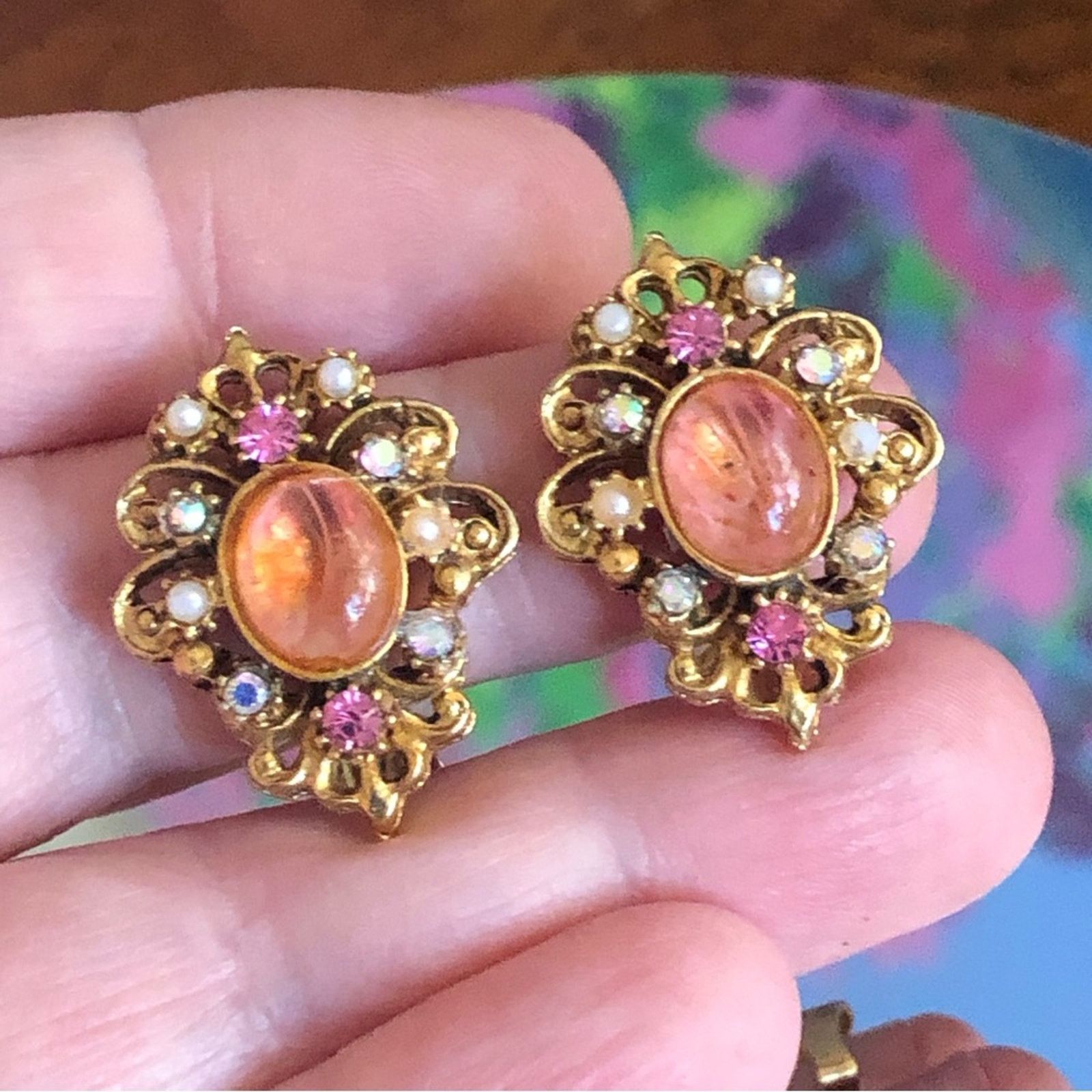 Vintage Vintage Florenza pink and pearl gold tone clip on earrings Size ONE SIZE - 9 Thumbnail