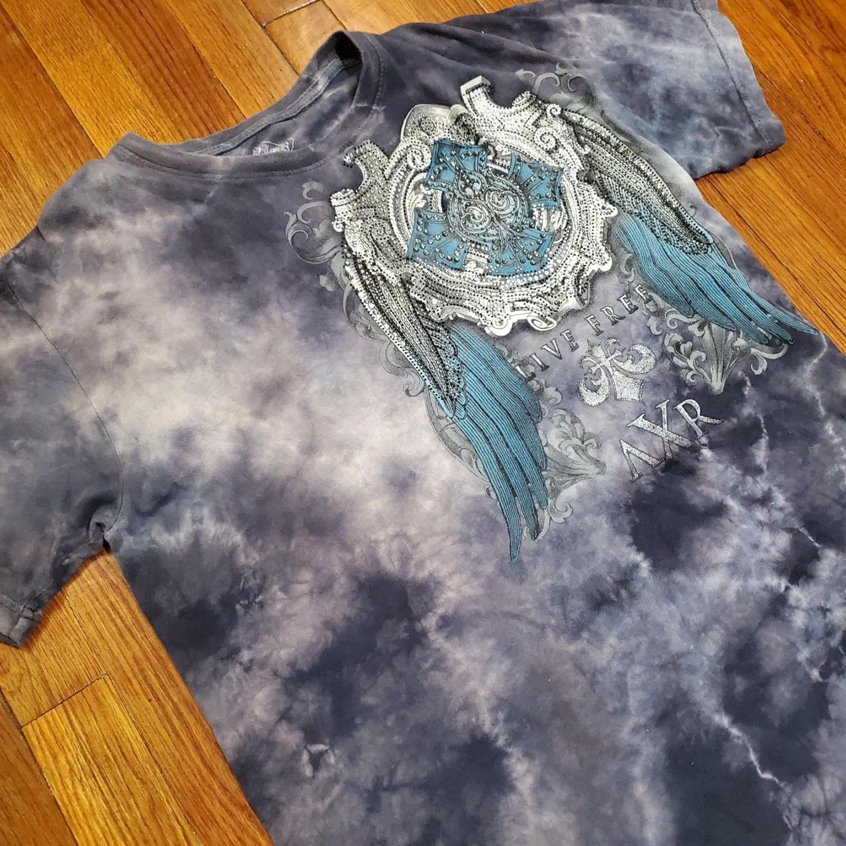 Olive Xzavier Shirt Mens XL Gray Live Free Cross Wings Rhinestone Biker Tee Skull Size US XL / EU 56 / 4 - 4 Thumbnail