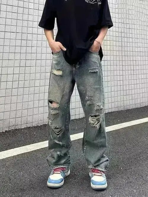 Japanese Brand Stylish Loose Fit Washed Rip Wide Leg Jeans Size US 32 / EU 48 - 5 Thumbnail