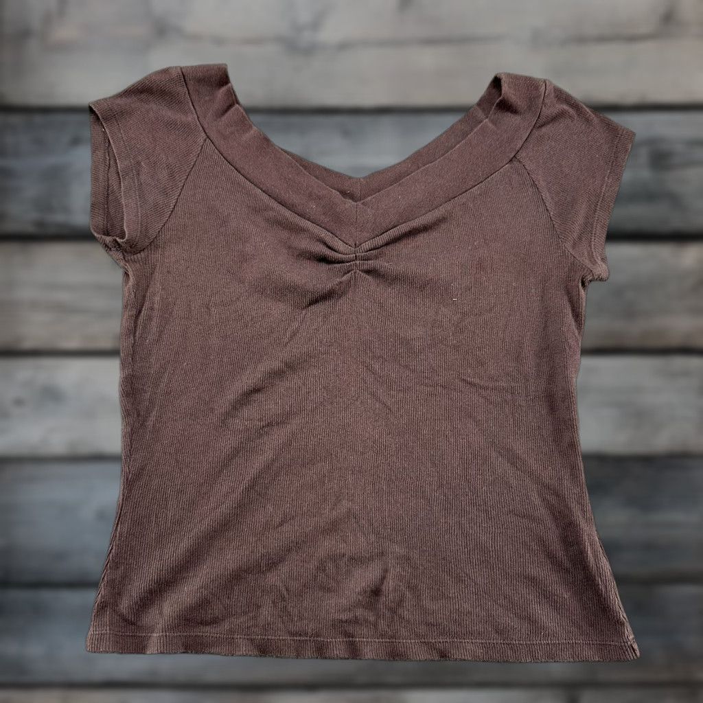 Vintage VINTAGE Mixit Top Women's Large Brown Short Sleeve V Neck Ribbed Knit Cotton Y2K Dog 90s Funny Logo Pullover Base Layer Size L / US 10 / IT 46 - 1 Thumbnail