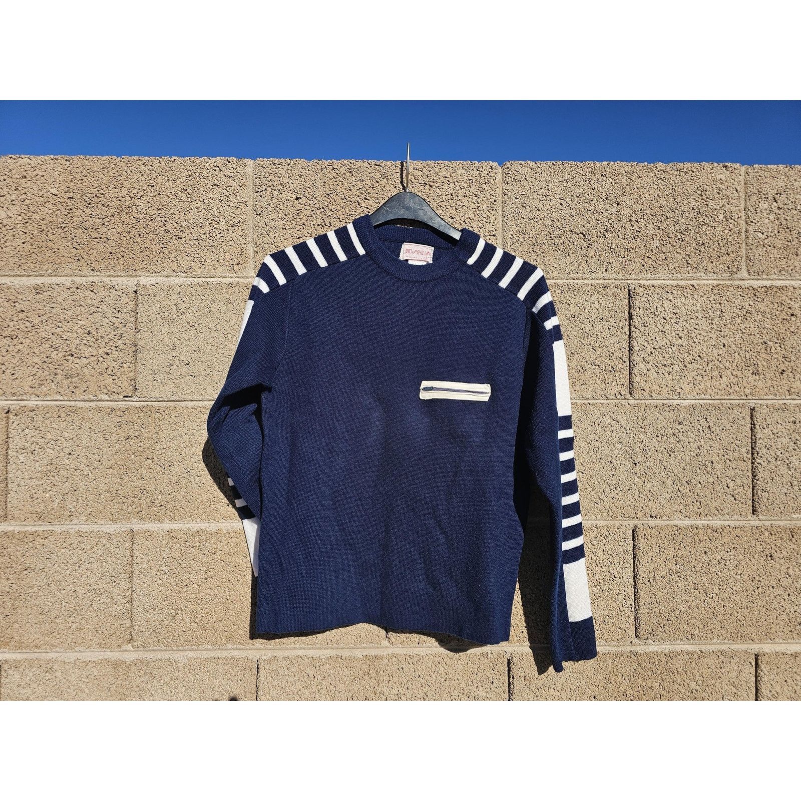Other Joshua Striped Sleeve Pullover Sweater Blue Acrylic, M 1980s Size US M / EU 48-50 / 2 - 4 Thumbnail
