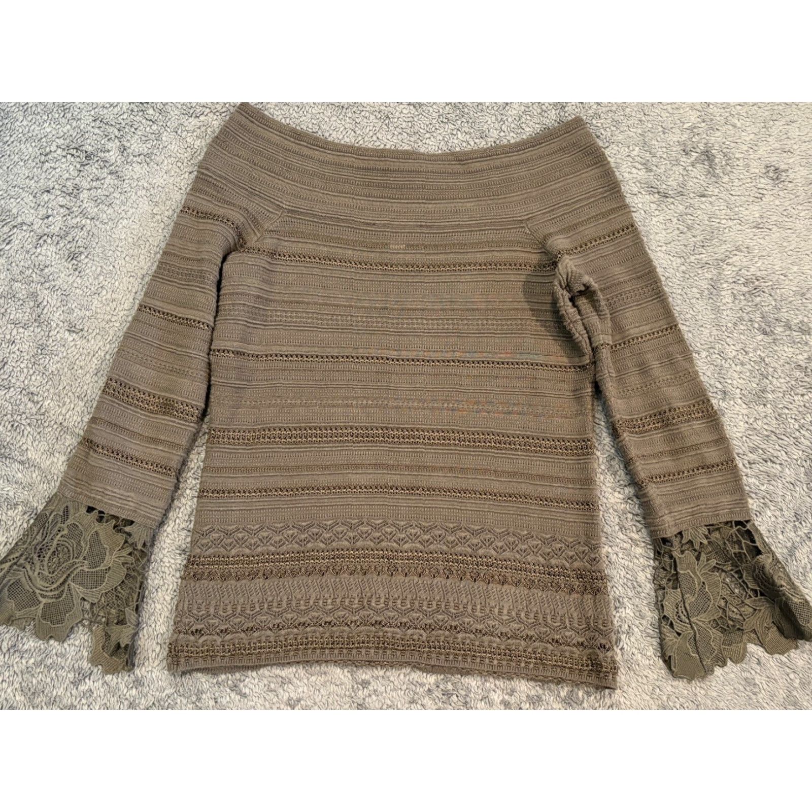 Vintage VINTAGE INC International Concepts INC Sweater Womens Small Green Off Shoulder Heavy Knit Lace Floral Bell Sleeve Size S / US 4 / IT 40 - 5 Thumbnail