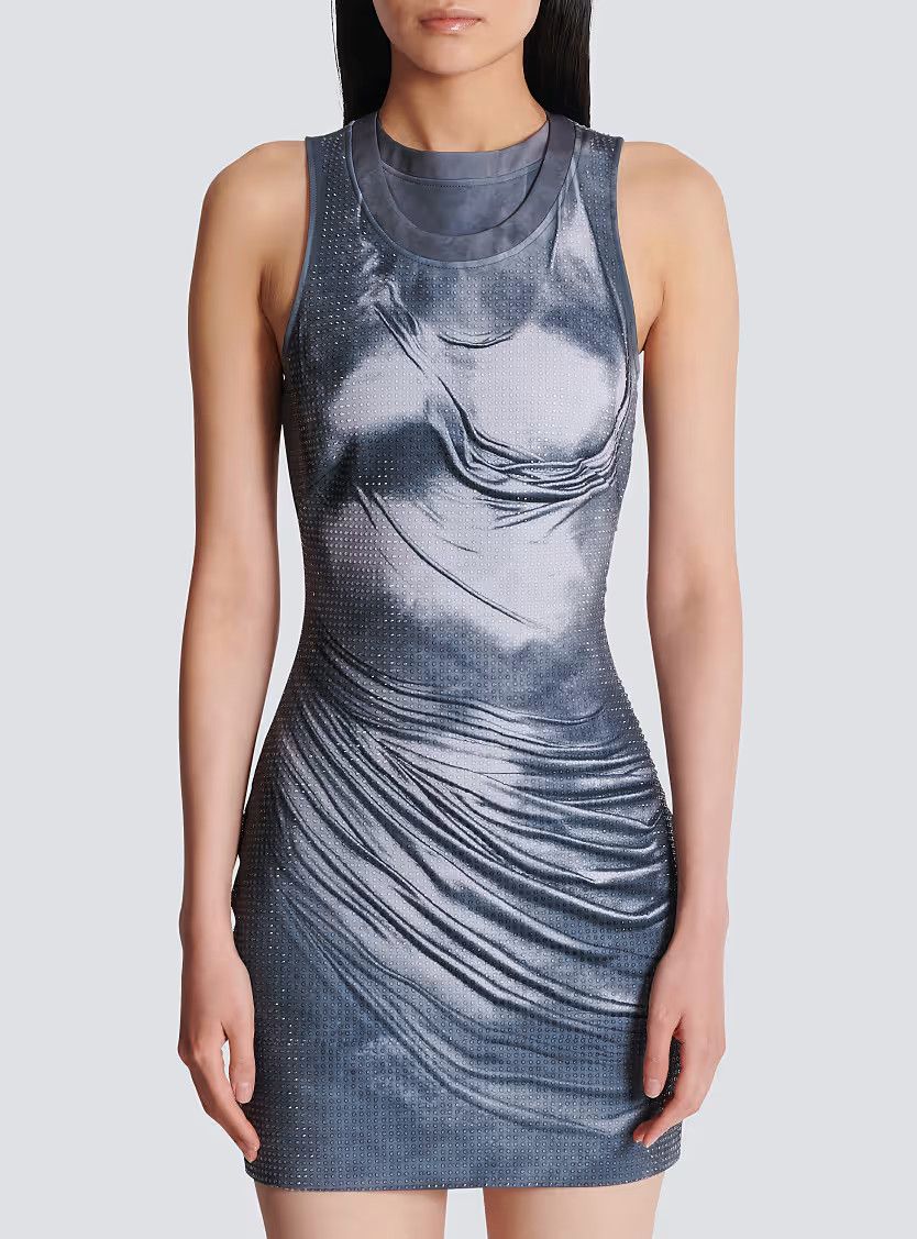 Balmain o1s1wg111225 Draped Trompe Strass Dress in Grey Size XL / US 12-14 / IT 48-50 - 4 Thumbnail