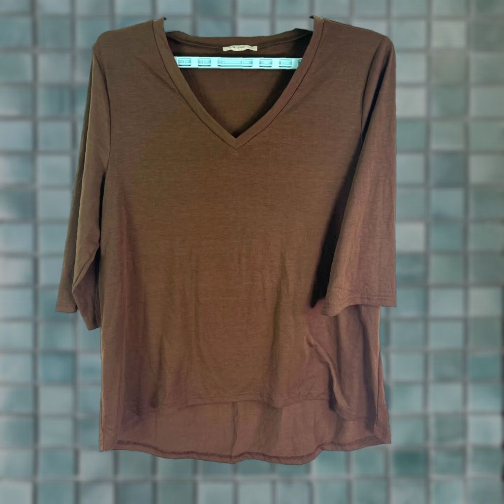 Vintage Fam-Fam V-Neck Tunic Top 3/4 Sleeve Womens XL Brown Solid Knit Stretch Blouse Casual Wear Womens Size XL / US 12-14 / IT 48-50 - 1 Thumbnail